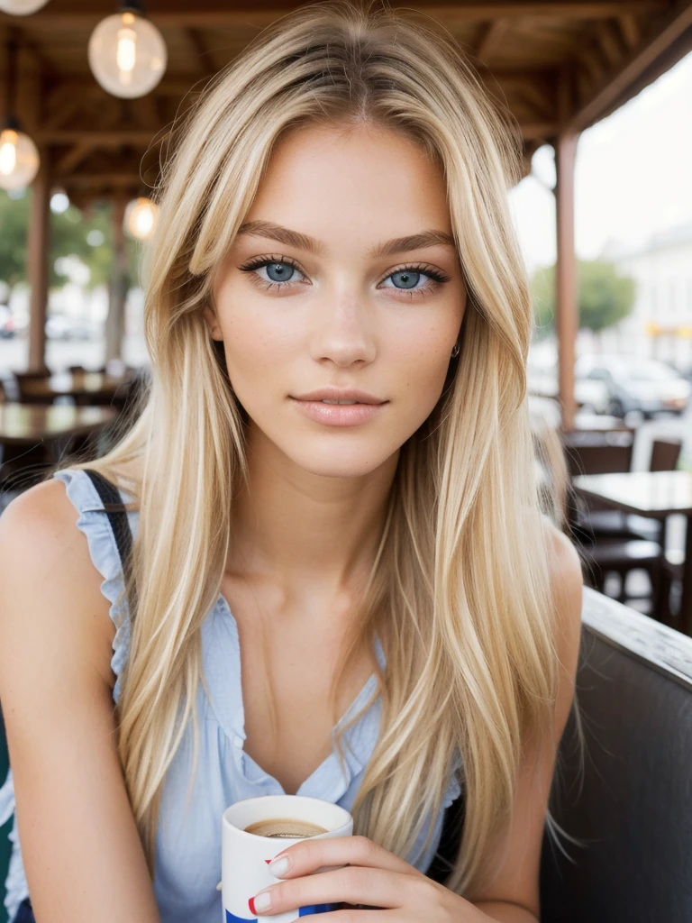 blonde with loose hair sitting at cafe, drinking coffee , 18 year old girl, beautiful model, wearing fancy dress, cute face, slim face, slim body, bright eyes with high level of detail, sharp focus, detailed skin pores, complex eyes, unique face, Mix with Russian and Italian origins, predatory eyes, mouth slightly open, full body view, whole body visible, one girl, single girl, 1 girl, tiny cup size