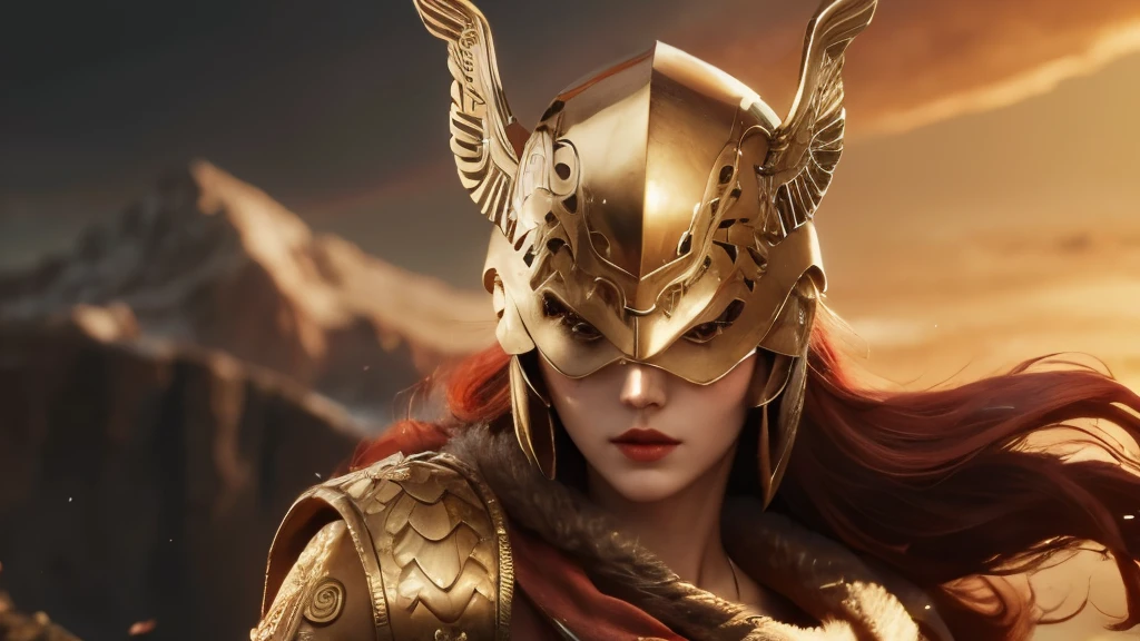 woman with sword and red cape, by Kanō Tan'yū, Déesse Athena, dame en armure rouge, Athena, goddess of wisdom, Greek Déesse Athena, Detailed image, golden Déesse Athena, persephone sculpture, inspired by Kanō Hōgai, golden helmet with golden wings close-up of the whole body, mountains background with sunlight, Torse nu, Beau corps, Peau 4k, defined red lips, closed helmet , eyes closed