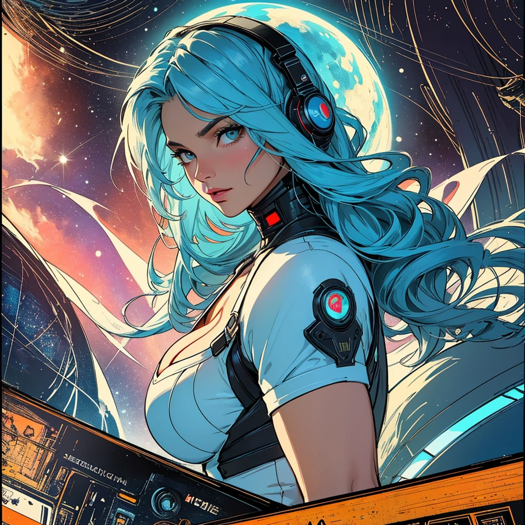 (((highest quality))),masterpiece,1 woman,((the perfect person)),((Super beautiful woman)),detailed perfect face,retro,vintage,classic,60's,70's,80's,old movie posters,abstract,((スペーススリラーmovie poster)),(Futuristic),Geometric pattern,very delicate,movie poster_white frame,universe,Milky Way,planet,,propaganda,universe飛行士,breast enhancement,simple,(big breasts),(cleavage),cyber punk,massive stream of light,overlay,SF,A scene from a science fiction movie,universeステーション,tattoo,