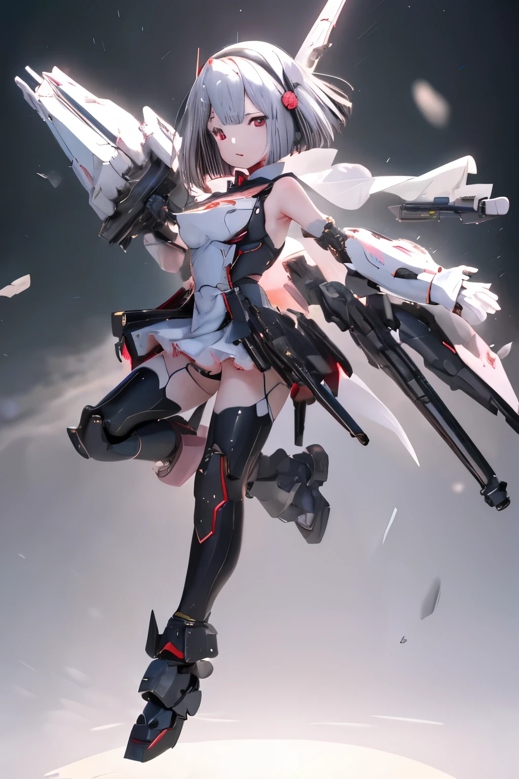 (highest quality)), ((masterpiece)), (very detailed: 1.3), 3D, {(japanese young girl)}, japanese girl wear gothic ta clothes with white frills, (She is fused with futuristic Gundam mecha:1.2), with headgear, with v-fin , armored shoulders,armored under arms, armored under legs, multilayer textureperfect proportions, octane rendering, duotone lighting, Low ISO, wide aperture, White balance, Rule of thirds, ultra HD16k, HDR (High Dynamic Range), Ray Tracing, NVIDIA RTX, Super Resolution, Subsurface Scattering, PBR Texturing, Post Processing, Anisotropic Filtering, Depth of Field, Maximum Clarity and Clarity, High efficiency subpixel, subpixel convolution, particles of light, light scattered, Tyndall effect, full body:1.5, battle pose, cute, (cute:1.2), (bob cut:1.3),三つ編み, 黒髪, 太い眉毛, 薄い色の虹彩, 大きくて輝いている黒い瞳, 長いまつげ, 小さく薄い色の自然な唇, (Average face of Japanese idols), (日本人特有の童顔:1.3), (baby face), 広いおでこ:1.2, ふっくらした頬, 小さな顎, visible side boob, (holding a huge weapon:1.5), in the hangar,looking at viewer,Focus on the eyes , (完璧な4本の指, 親指1本),