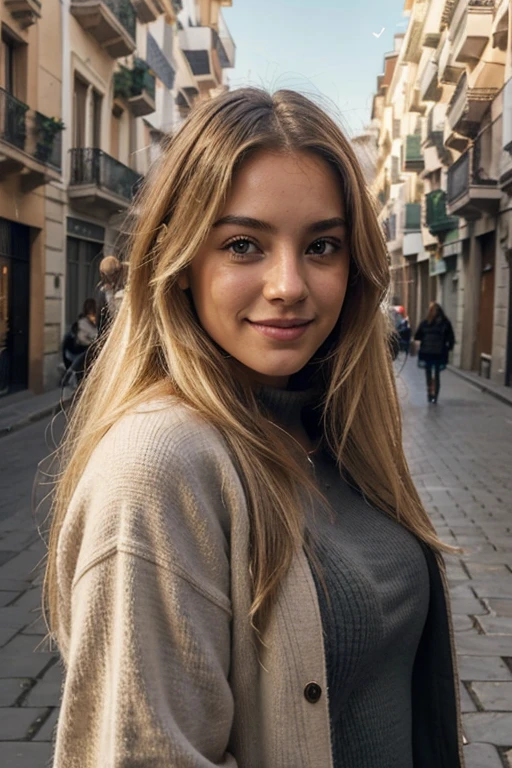 A 23-year-old blonde woman, ((pechos grandes)), ((hiperrealismo)) ,. blonde hair with light brown roots. cabello rubio, Hair with brown roots, cabello extra largo, cabello muy largo, Cabello muy largo, hermoso, perfil, SELFIE con iPhone 15 pro, alta calidad, ojos verdes, labios carnosos, fondo desenfocado, sonriendo, extremadamente detallado, invierno, frio, en Barcelona, no duplicar fondo