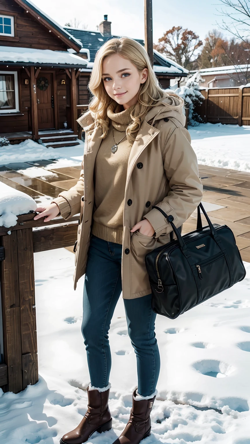 25-year-old Caucasian woman、Blonde gradient color、Eye color is blue、medium long hair、hair is wavy、wearing accessories on the wrist、Wearing a necklace、high resolution、Fine skin、smile、Wearing a duffel coat、I&#39;m wearing warm pants、I&#39;m wearing warm boots、I&#39;m on the terrace of a cottage in a snowy forest.