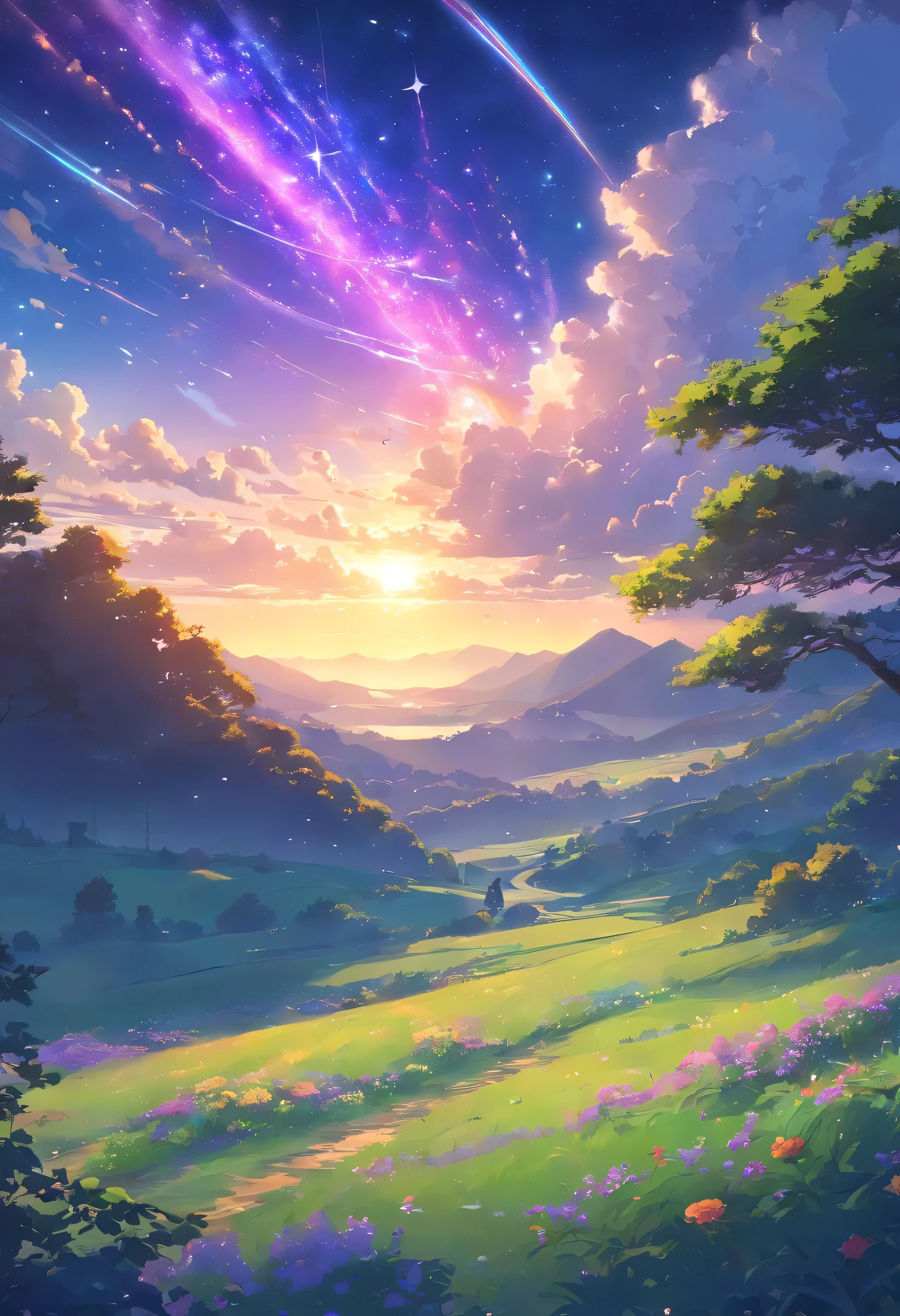 style of makoto shinkai, A lot of clouds, Huge landscape photo，（look down，Higher is the sky，Below are open fields），And I stood in a field of flowers and looked up..，（full moon：1.2），（Meteors：0.9），（Star Cloud：1.3），Far Mountain, Tree BREAK Art Creation，（Warm light source：1.2），（Firefly：1.2），lamp lights，Lots of purple and orange，complex parts，volumetric lighting BREAK（masterpiece：1.2），（Best quality），4K，ultra - detailed，（dynamic compositions：1.4），rich in detail，many colors，（Rainbow color：1.2），（with luminous light，Atmospheric lighting），dream magic，magic，（One：1.