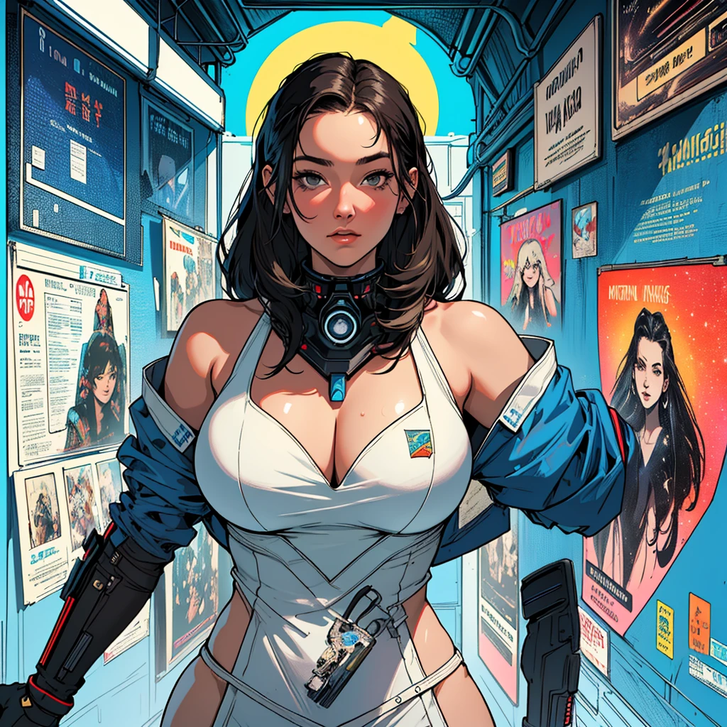 high quality, art, 1girl woman, (diaper:1.15), cluttered starship interior, crew inside a starship, by Hajime Sorayama, Greg Tocchini, Virgil Finlay, sci-fi, neon lights