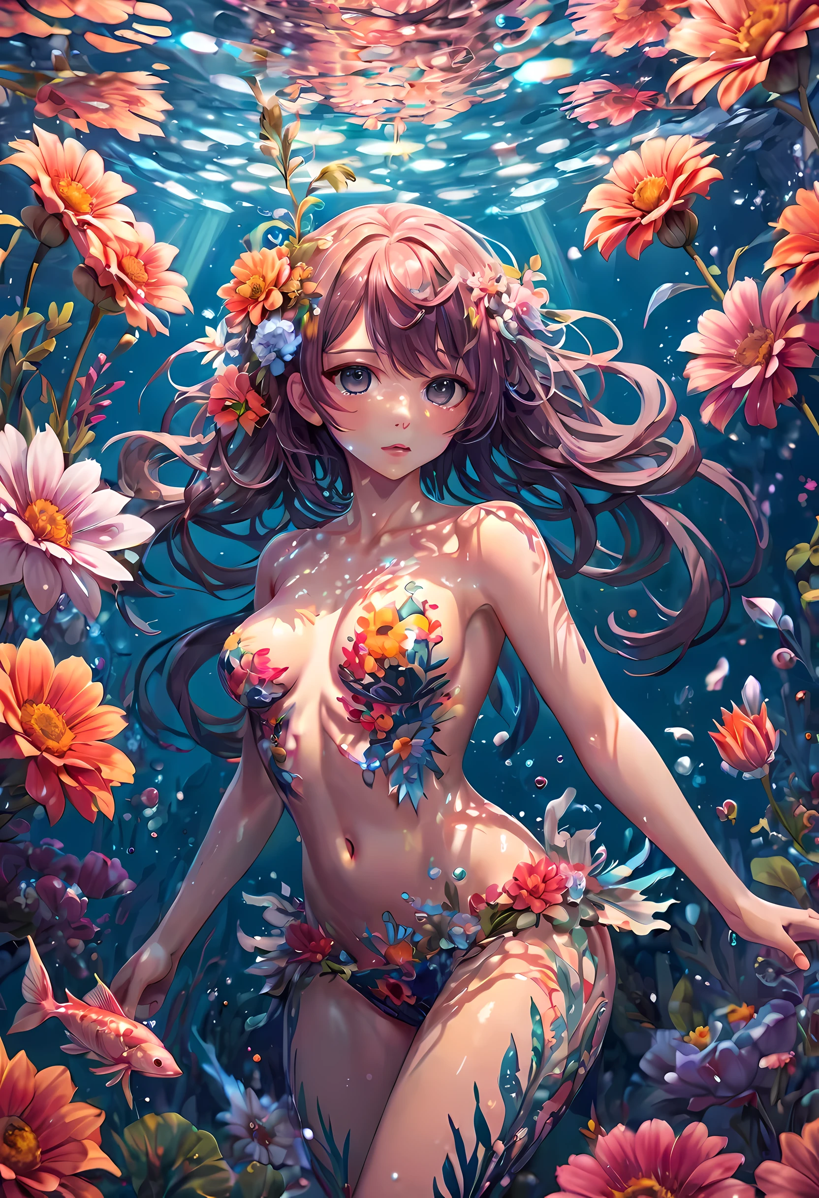 extremely detailed anime fantasy art,a girl underwater with flowers,ethereal anime illustration,flowers covering body,(sexy:1.3), body painting,bare stomach,medium shot,((SFW))