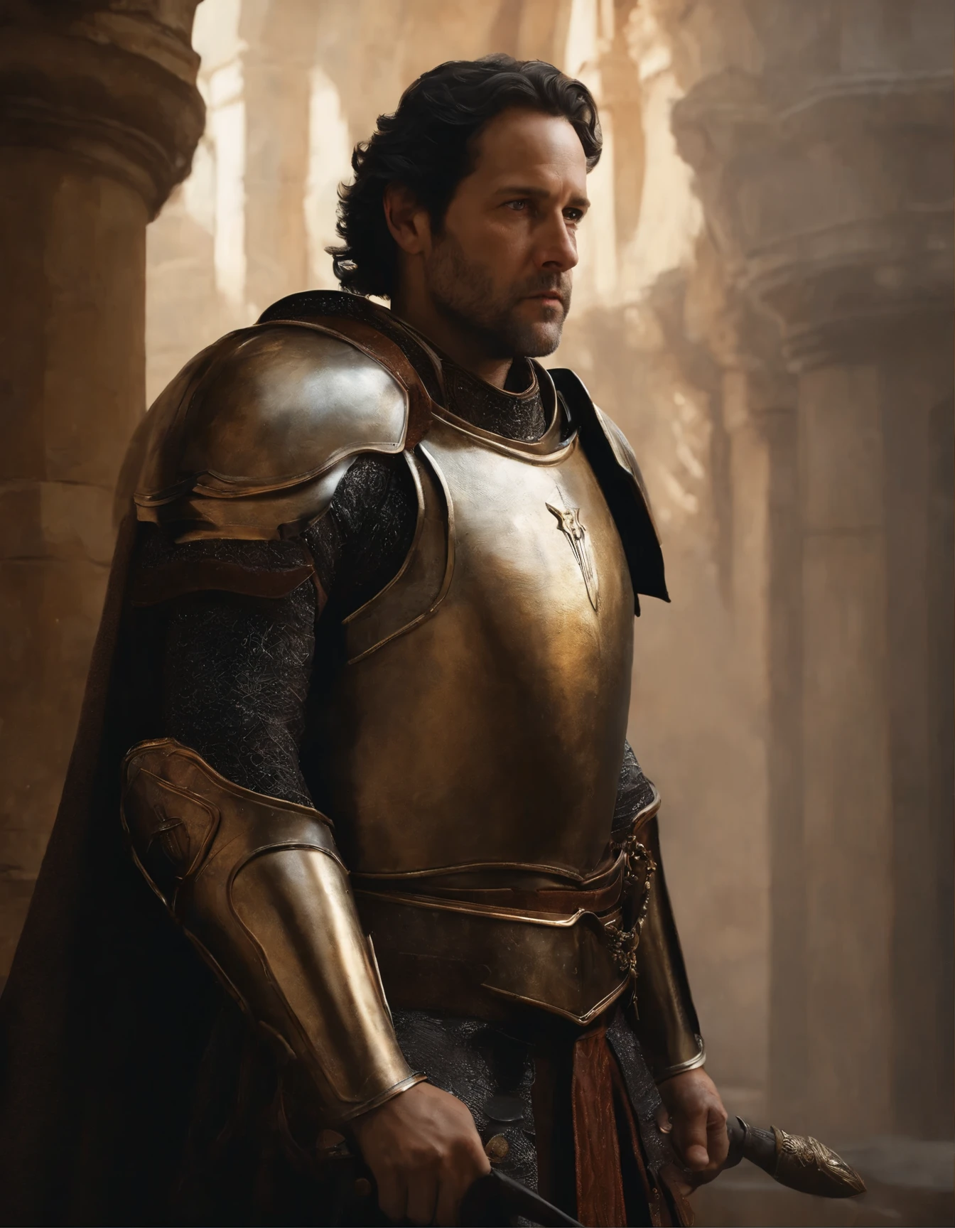 close up portrait photo of paulrudd, modelshoot style, (extremely detailed CG unity 8k wallpaper), medieval armor, professional majestic oil painting by Ed Blinkey, Atey Ghailan, Studio Ghibli, by Jeremy Mann, Greg Manchess, Antonio Moro, ((duskz1)), trending on ArtStation, trending on CGSociety, Intricate, High Detail, Sharp focus, dramatic, photorealistic painting art by midjourney and greg rutkowski 