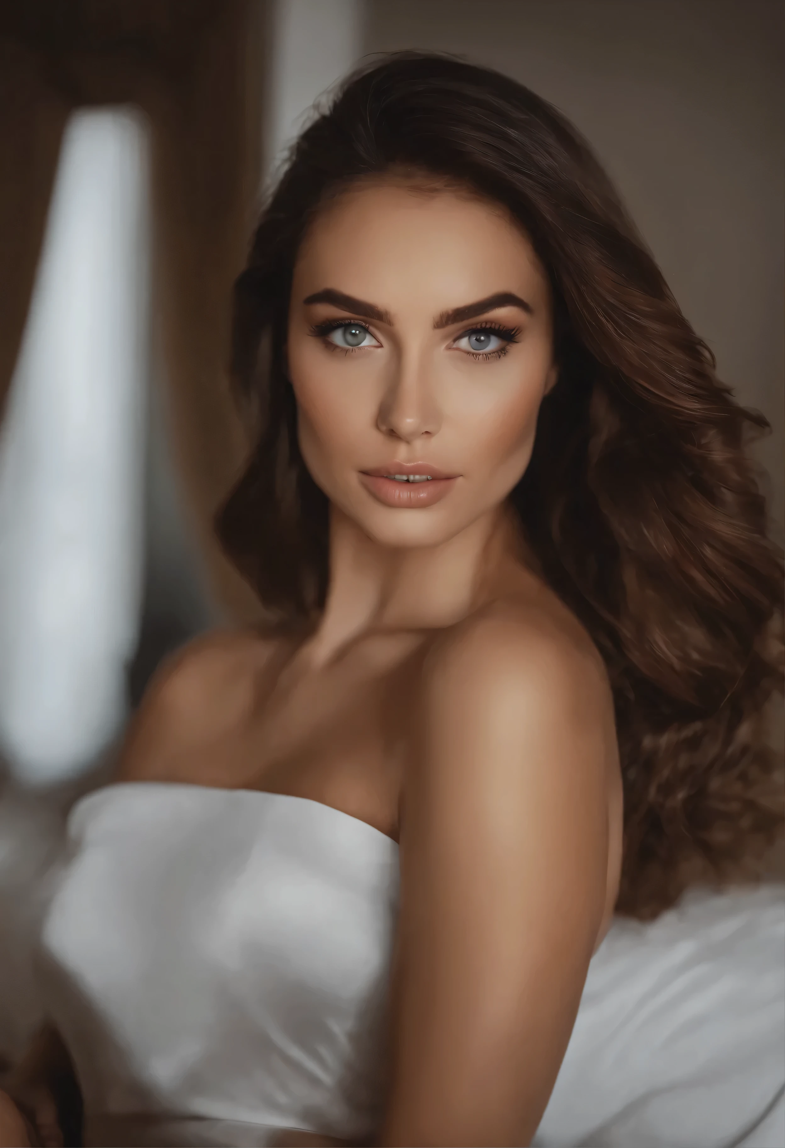 Femme arafed avec débardeur et culotte assortis, fille sexy aux yeux bruns, Portrait de Sophie Mudd, cheveux bruns et grands yeux, selfie d&#39;une jeune femme, Yeux de la chambre, Violette Myers, sans maquillage, maquillage naturel, Regarder directement la caméra, Visage avec Artgram, Maquillage subtil, Superbe photo de tout le corps, clivage, assis à table