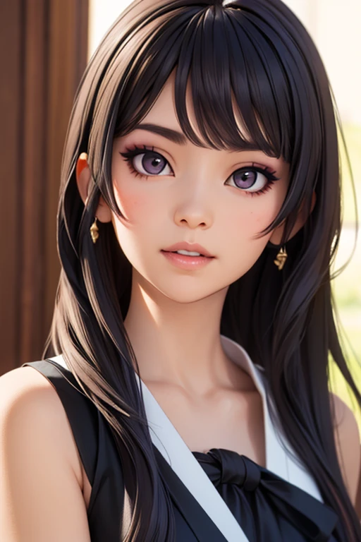 Detailed art, art sketch, sketch drawing, girl with Brazilian and Asian features, Japanese-like eyes, small and elegant lips, wavy hair with long bangs that extend a little past her light brown shoulders, deep gray eyes, makeup soft in purple and black eyes, elegant broad shoulders, elegant black dress