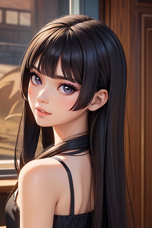 Detailed art, art sketch, sketch drawing, girl with Brazilian and Asian features, Japanese-like eyes, small and elegant lips, wavy hair with long bangs that extend a little past her light brown shoulders, deep gray eyes, makeup soft in purple and black eyes, elegant broad shoulders, elegant black dress