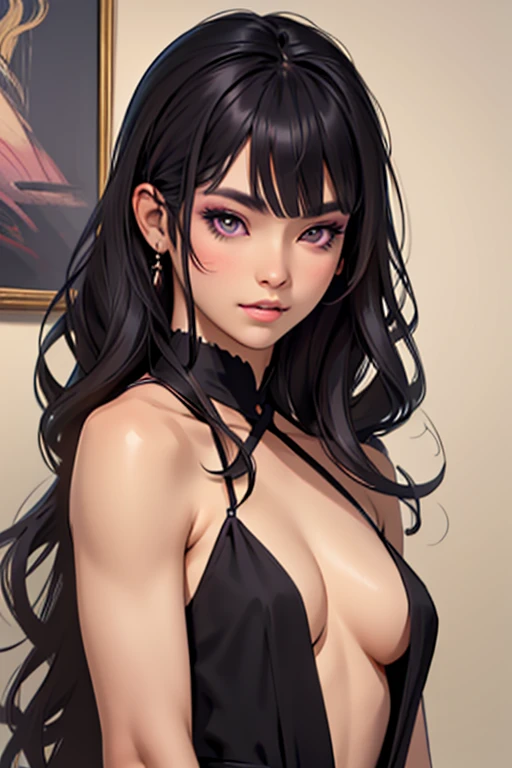 Detailed art, art sketch, sketch drawing, girl with Brazilian and Asian features, Japanese-like eyes, small and elegant lips, wavy hair with long bangs that extend a little past her light brown shoulders, deep gray eyes, makeup soft in purple and black eyes, elegant broad shoulders, elegant black dress