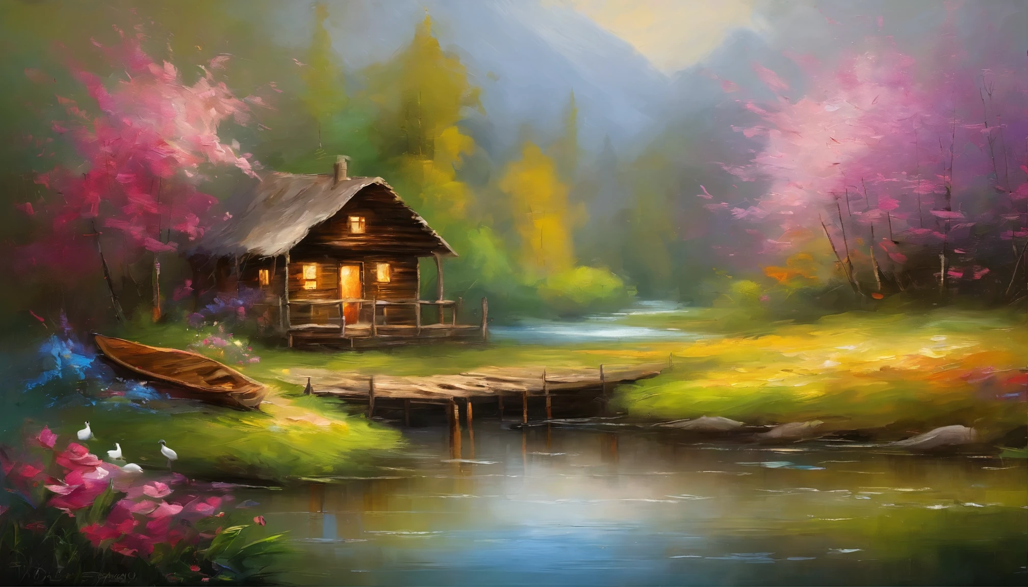 An old cabin by the pound, bamboo bridge, swans are in the water, flowers are blooming alongside the carvy road, inspired by Thomas Kinkade,