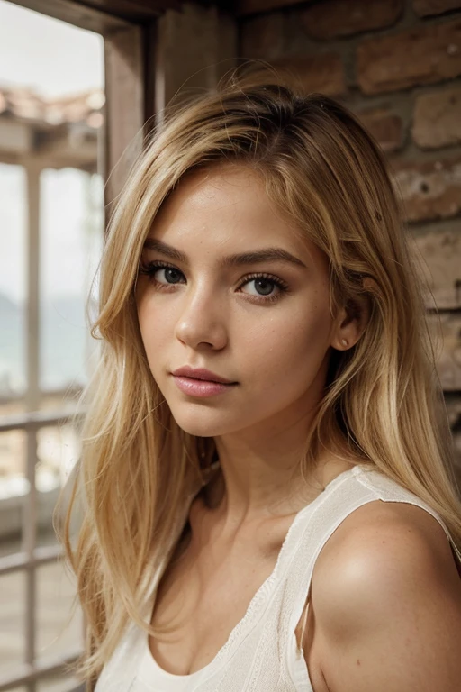 A 23-year-old blonde woman, ((pechos grandes)), ((hiperrealismo)) ,. blonde hair with light brown roots. cabello rubio, Hair with brown roots, cabello extra largo, cabello muy largo, Cabello muy largo, hermoso, vista frontal, autofoto, Foto tomada con iPhone, elegante camisa negra con escote, escotada, autofoto, alta calidad, autofoto iPhone, escote, ojos verdes, labios carnosos