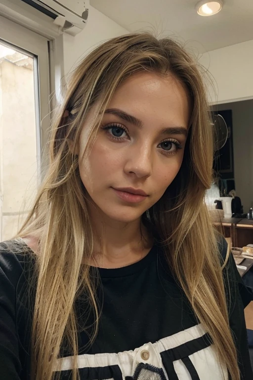 A 23-year-old blonde woman, ((pechos grandes)), ((hiperrealismo)) ,. blonde hair with light brown roots. cabello rubio, Hair with brown roots, cabello extra largo, cabello muy largo, Cabello muy largo, hermoso, vista frontal, autofoto, Foto tomada con iPhone, elegante camisa negra con escote, escotada, autofoto in the garden, alta calidad, autofoto iPhone, escote, ojos verdes, labios carnosos, con abrigo de invierno con capucha.