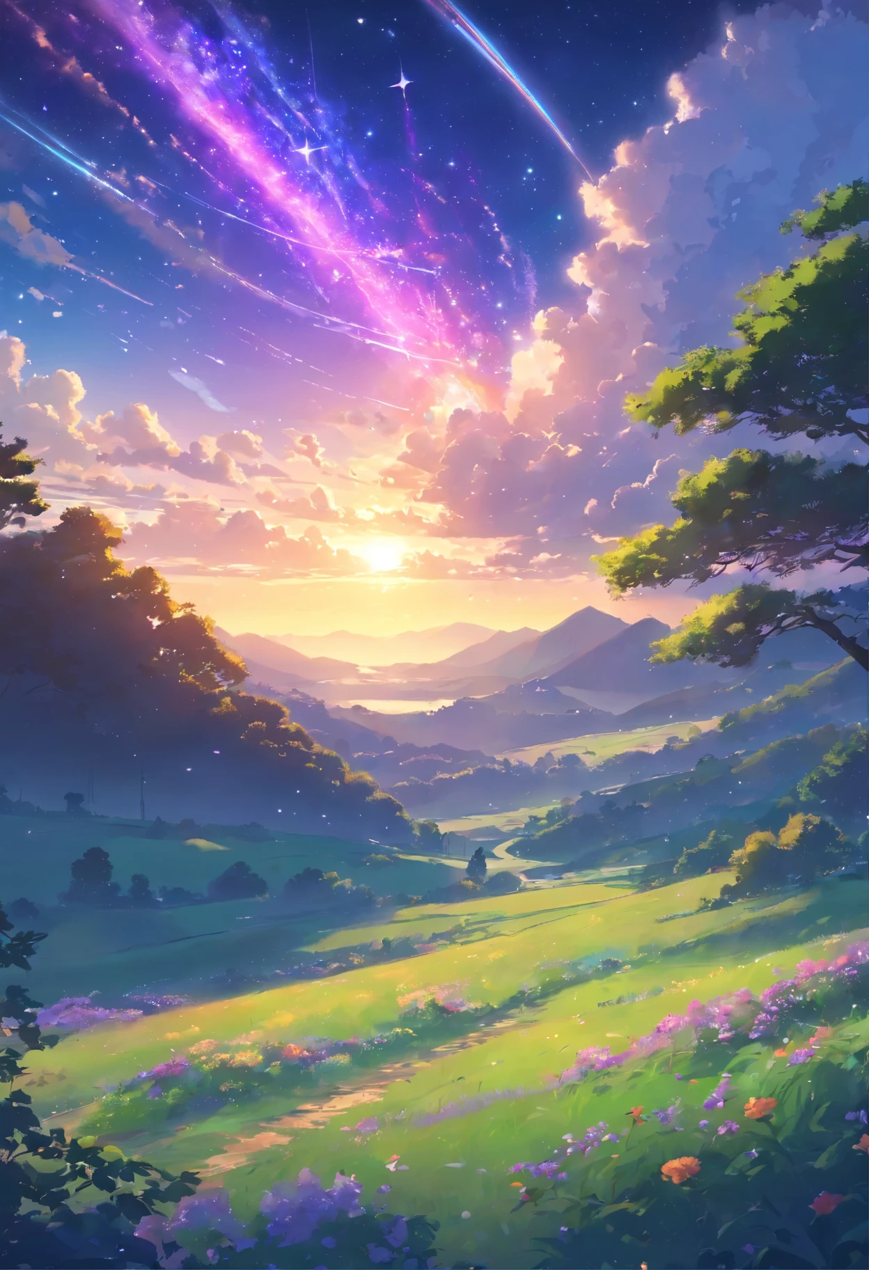 Makoto Shinkai style, a lot of clouds, Vast Landscape Photo,(look down,Higher is the sky,Below are open fields),And I stood in a flower field and looked up.,(full moon:1.2),(Meteors:0.9),(Star Cloud:1.3),Far Mountain, Tree BREAK Art Creation,(Warm light source:1.2),(Firefly:1.2),lamp lights,Lots of purple and orange,complex parts,volumetric lighting BREAK(the masterpiece:1.2),(Best quality),4K,ultra - detailed,(dynamic compositions:1.4),rich in detail,Lots of colors,(Rainbow color:1.2),(with luminous light,Atmospheric lighting),dream magic,magic,(solo:1.