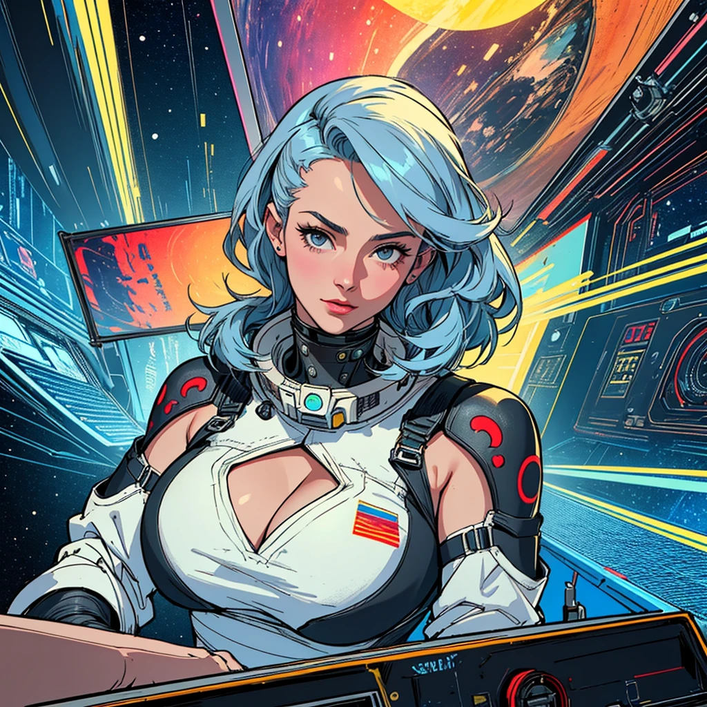 (((highest quality))),masterpiece,1 woman,((the perfect person)),((Super beautiful woman)),detailed perfect face,retro,vintage,classic,60's,70's,80's,old movie posters,abstract,((スペーススリラーmovie poster)),(Futuristic),Geometric pattern,very delicate,movie poster_white frame,universe,Milky Way,planet,,propaganda,universe飛行士,breast enhancement,simple,(big breasts),(cleavage),cyber punk,massive stream of light,overlay,SF,A scene from a science fiction movie,universeステーション,tattoo,