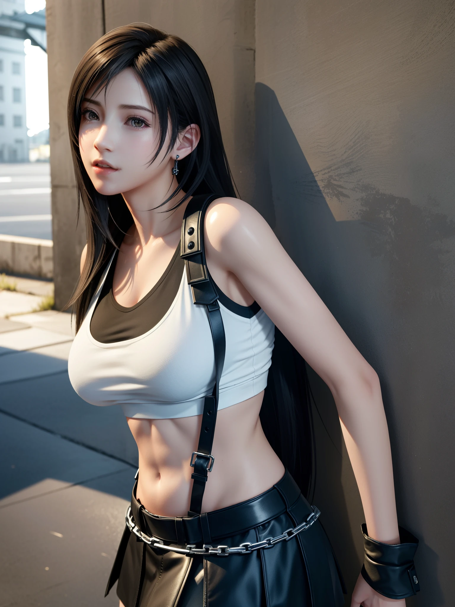 (Top Quality, Masterpiece: 1.1), (Realistic: 1.3), BREAK (((FF7,Tifa_lockhart))),(solo,tifa_lockhart),(A dark, barely lit torture chamber:1.3,wet:1.2,night:1.1,handcuffs,whip,chain),(face focus:1.1), BREAK (((FF7,Tifa_lockhart))),(Light Brown Hair, Large breasts: 1.2),(Tifa_lockhart uniform:1.3, suspenders, low rise, mini skirt, tank top), BREAK (((FF7,Tifa_lockhart))),(shiny oiled skin: 1.1),(crowd of monster:1.3),(many monsters:1.2), wet hair, about 18 years old,sensual, looking away:1.2, monsters attaking:1.3,(Tifa_lockhart,cornered against a wall),(being chased,run away),approaching fear, scream, pain,fleeing,side view:1.2