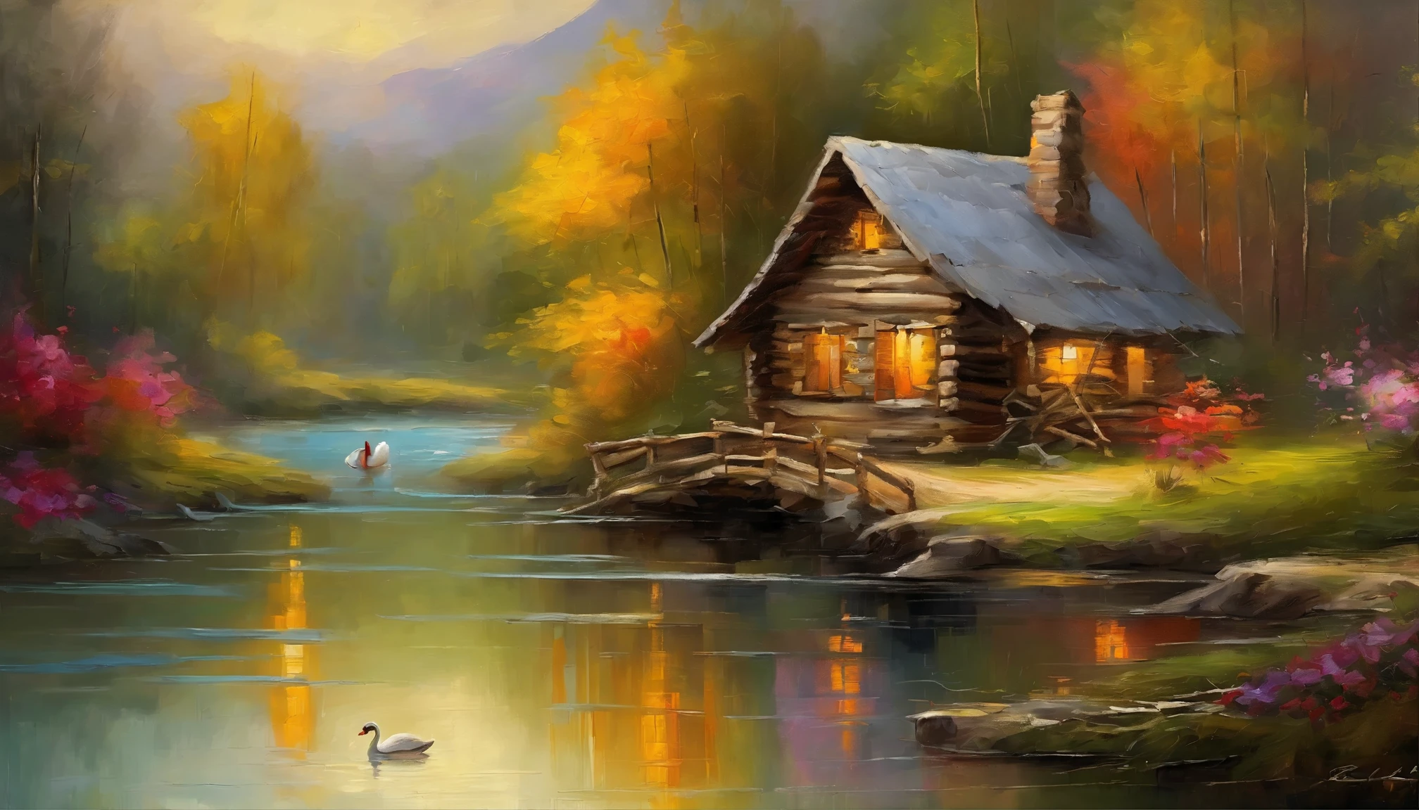 An old cabin by the pound, bamboo bridge, swans are in the water, flowers are blooming alongside the carvy road, inspired by Thomas Kinkade, 