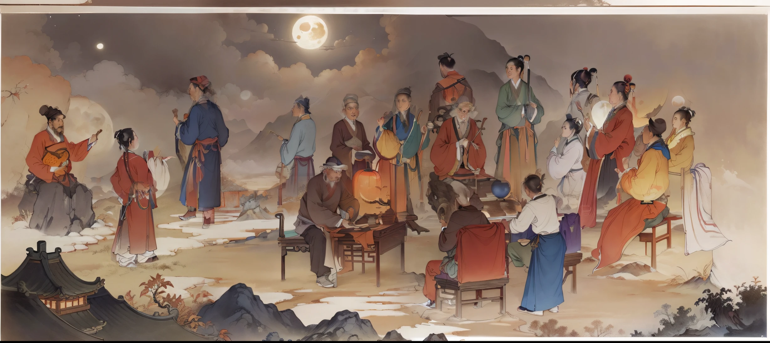 Paisagens chinesas antigas,Old buildings,pavilions,vigas esculpidas e pinturas,charming scenery,noite,luz da lua,Em camadas, Luz e sombra ricas,Festival de Outono, Estilo de pintura a tinta,cor limpa,Low saturation colors,Cores de baixo brilho,Corte decisivo,Leave blank space,impressionista,obra-prima,ultra-detalhado,Epic composition, Maiorqualidade,hiper-realista,Germe de arte --v 6