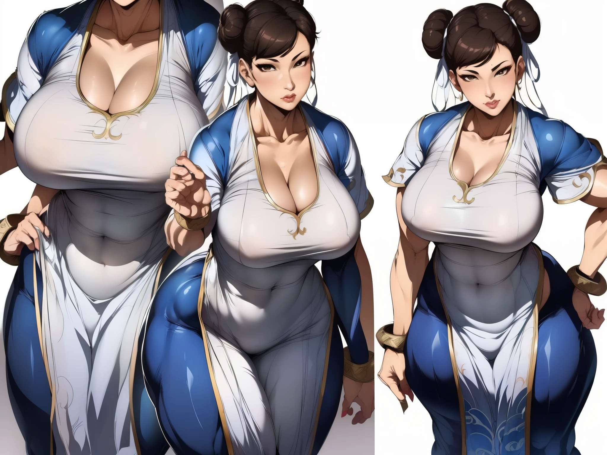 ((masterpiece)), (((best quality))), ((character design sheet)), ((full body view)) illustration,1girl, ((detailed face:1.4)) beautiful woman, ((Chun li)), short brown hair, brown hair, brown eyes, double bun, hair ribbon, white dress, pelvic curtain, blue pants, bangles, upper body, rough sketches, pose, 8k,16k, (background, white background: 1.3)