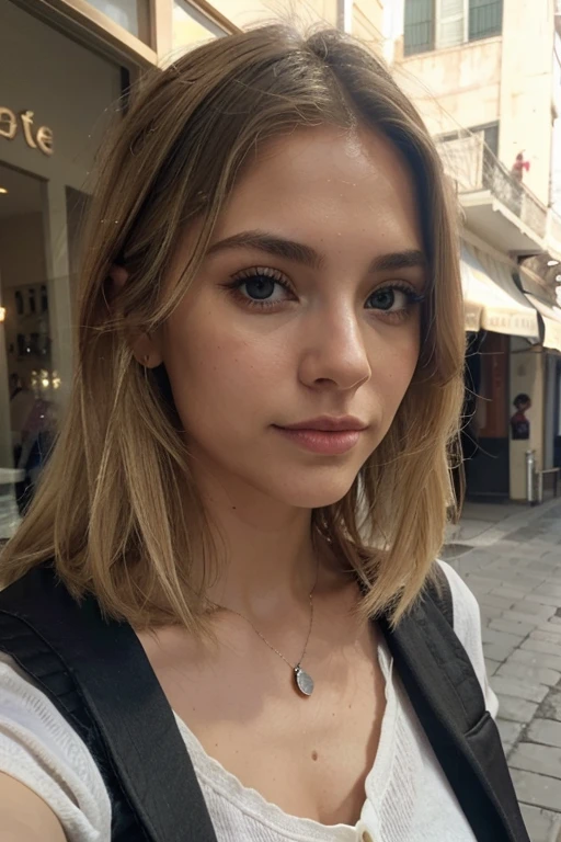 A 23-year-old blonde woman, ((pechos grandes)), ((hiperrealismo)) ,. blonde hair with light brown roots. cabello rubio, Hair with brown roots, cabello extra largo, cabello muy largo, Cabello muy largo, hermoso, vista frontal, autofoto, Foto tomada con iPhone, elegante camisa negra con escote, escotada, autofoto, alta calidad, autofoto iPhone, escote, ojos verdes, labios carnosos, centro comercial