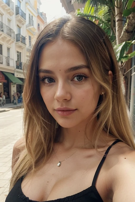 A 23-year-old blonde woman, ((pechos grandes)), ((hiperrealismo)) ,. blonde hair with light brown roots. cabello rubio, Hair with brown roots, cabello extra largo, cabello muy largo, Cabello muy largo, hermoso, vista frontal, autofoto, Foto tomada con iPhone, elegante camisa negra con escote, escotada, autofoto, alta calidad, autofoto iPhone, escote, ojos verdes, labios carnosos, centro comercial