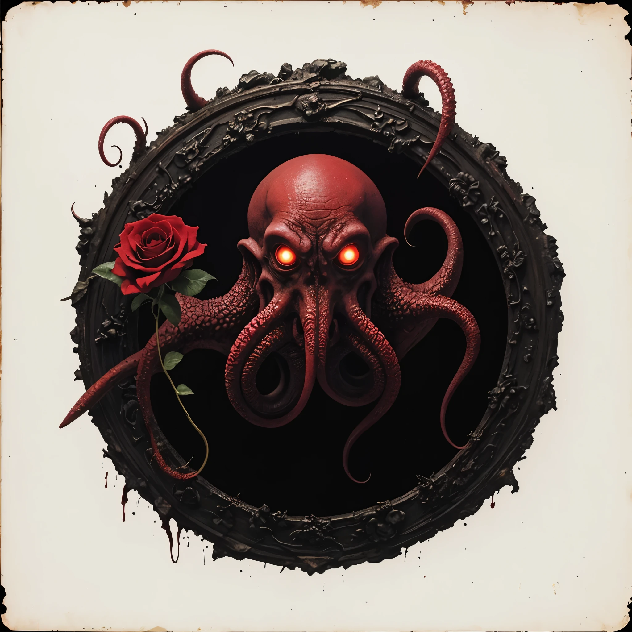 An eerie and mysterious depiction of Cthulhu on a white background, accompanied by a sick rose, a blood sickle, a void, an invisible worm, and a honeysuckle, with the sentence "Lovecraft's Secret Domain" written on the foreground, Vintage photorealistic color painting, using a variety of colors to create a vintage effect