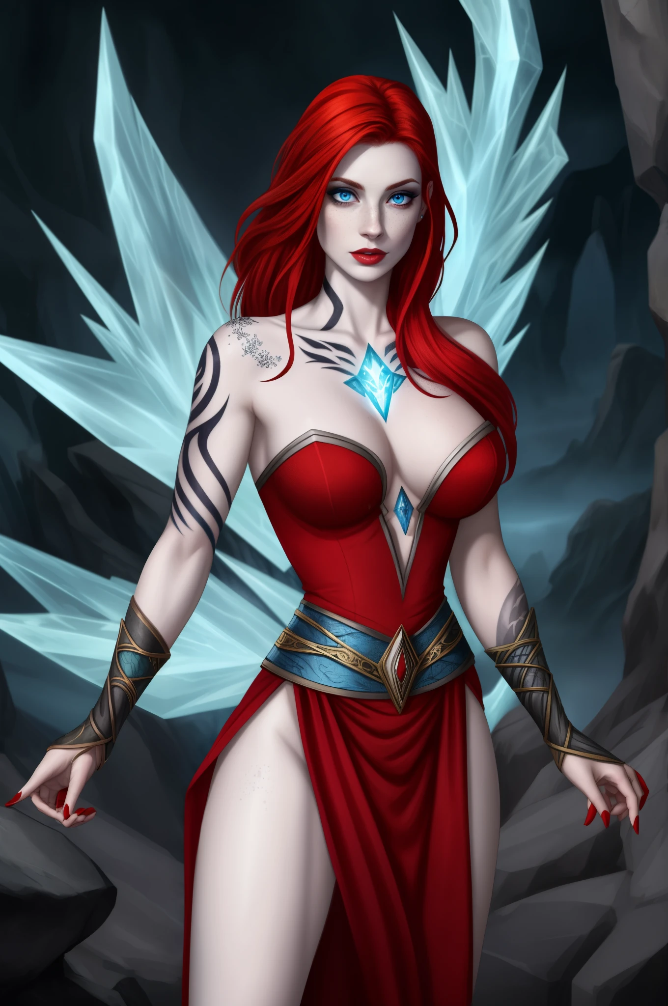 Fantasy Female sorceress, red hair, pale skin, ice tattoo, freckles, pale blue eyes