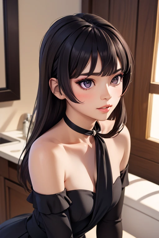 ((Best quality, masterpiece, 4k, best anatomy)), cute girl, (violet hair), ((very long curly hair)), perfect face, (yellow eyes), ((naked)), ((flat chest)), ((21 years old)), skindentation, extreme detail, attractive angular face, red lips, pink nipples, glossy skin, detailed hair, face focus, close-up chest, ornamental gold necklace, gold earrings, ((1 girl)), embarrassed expression, elf ears, innocent smile, ((slender)), anime girl