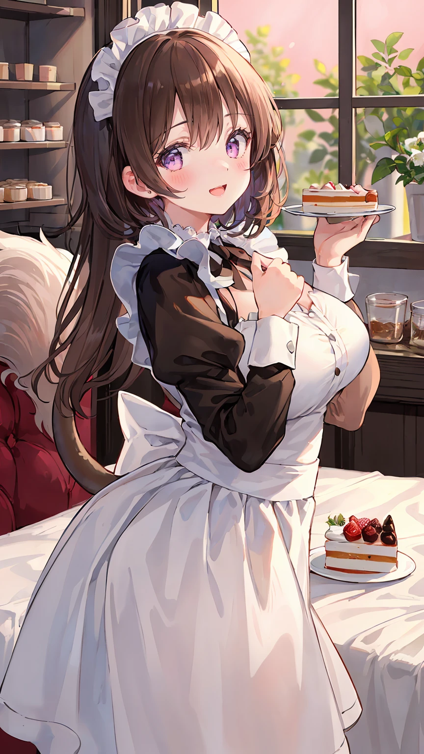 ((8Kmasterpiece,highest quality)), ultra high resolution, (masterpiece: 1.4), hyper detail, (((1 girl))),cute,perfect anatomy,(young face),beautiful and delicate eyes,purple eyes,Big eyes,shining eyes of light,thin and long eyelashes,(very white skin),(Glossy skin),detailed light,beautiful face,((brown hair)),((Side tail)),blush,shy smile,(open your mouth),big breasts, slender body,Maid Cafe Clerk,Inside the store with a pink atmosphere,cake, looking at the viewer
