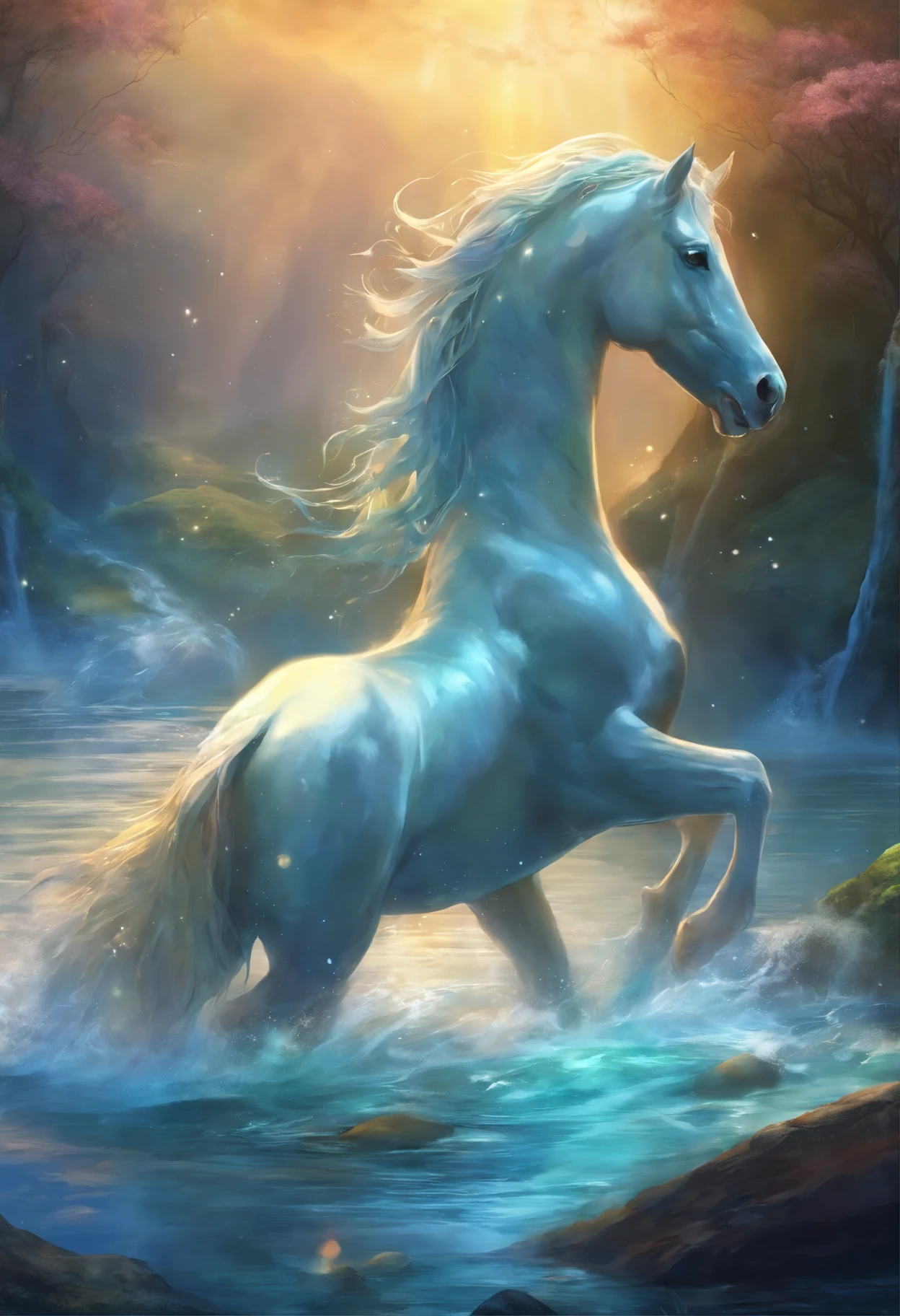Background big stars、intergalactic、Best Quality,4K,hight resolution,masutepiece:1.2,Ultra-detailed,Realistic, kelpie, Horse and fish mix,Shiny Blue Horse turn its back, Horse Back, Horse look at the sky, Shimmering scales,coming out of the big oval mirror,kelpie,a mythical creature,glimmering light,Realistic water texture,Realistic mirror,Wet and shiny appearance,Wavy reflection,Aura of mythology,underwater landscape,Majestic presence,nature environment,serene ambiance,The existence of mysterious creatures,Ethereal lighting,Graceful movement,super powers,Quiet and quiet environment,Fantastic creatures,seductive beauty,Powerful and captivating gaze,Fine details,The myth of mythical creatures,slender and elegant figure,,Elements inspired by nature,Subtle shades,Detailed textures,Mythical existence,Deep in the waves,Lower body in water,Mythical horse-like features,water cascading,Dynamic and energetic poses