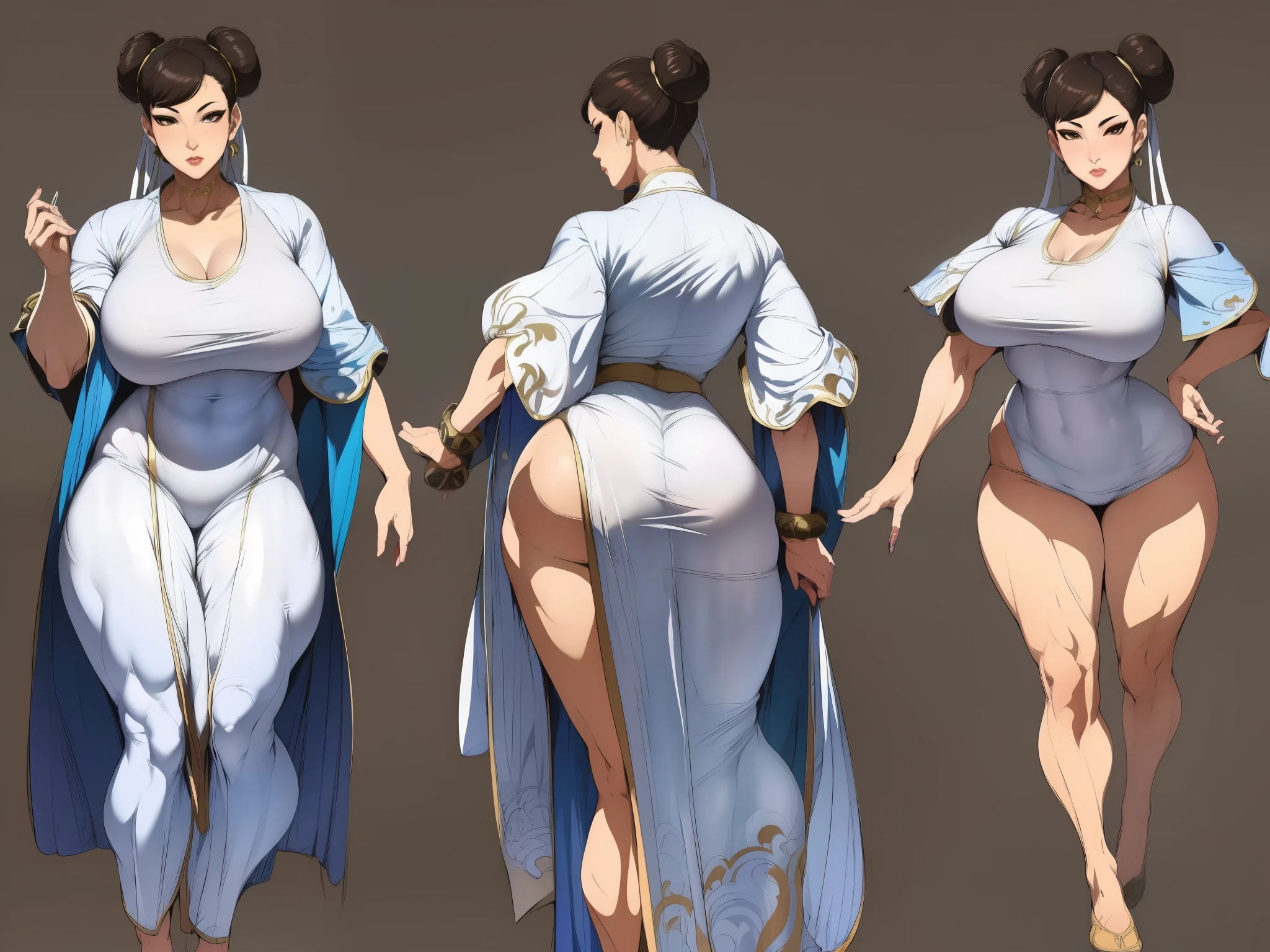 ((masterpiece)), (((best quality))), ((character design sheet)), ((full body view)) illustration,1girl, ((detailed face:1.4)) beautiful woman, ((Chun li)), short brown hair, brown hair, brown eyes, double bun, hair ribbon, white dress, pelvic curtain, blue pants, bangles, upper body, rough sketches, pose, 8k,16k, (background, white background: 1.3)