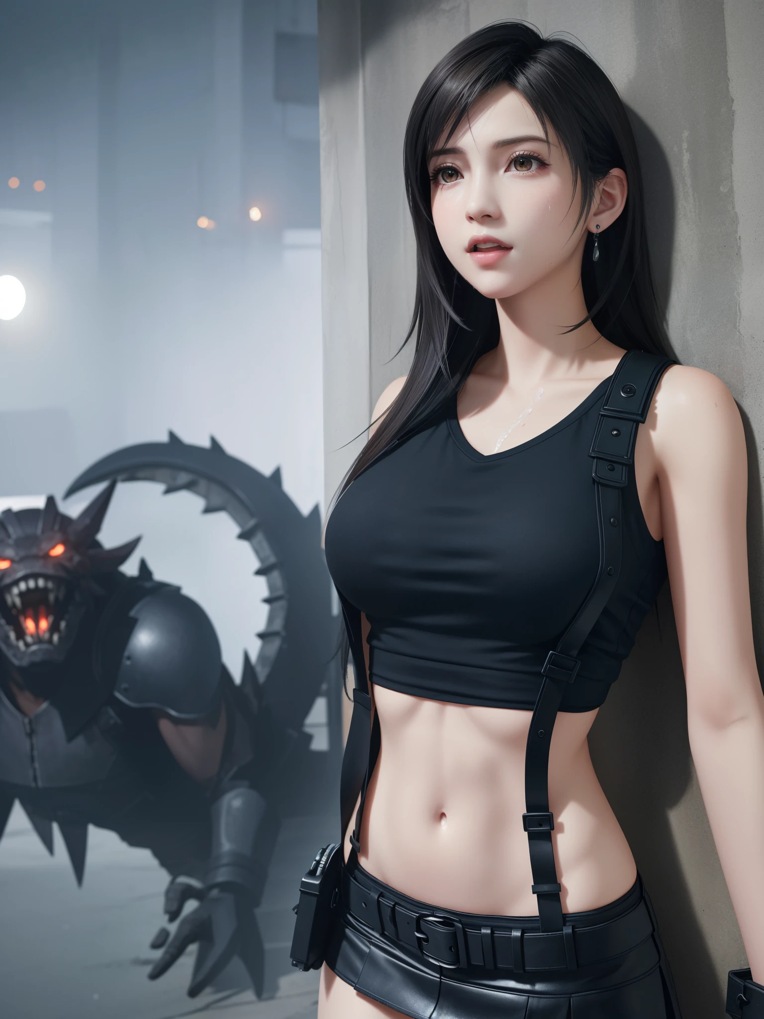(Top Quality, Masterpiece: 1.1), (Realistic: 1.3), BREAK (((FF7,Tifa_lockhart))),(solo,tifa_lockhart),(A dark, barely lit torture chamber:1.3,wet:1.2,night:1.1,handcuffs,whip,chain),(face focus:1.1), BREAK (((FF7,Tifa_lockhart))),(Light Brown Hair, Large breasts: 1.2),(Tifa_lockhart uniform:1.3, suspenders, low rise, mini skirt, tank top), torn clothes:1.3,damaged clothes:1.3, BREAK (((FF7,Tifa_lockhart))),(shiny oiled skin: 1.1),(crowd of monster:1.3),(many monsters:1.2), ((stringy viscous liquid)),wet hair, about 18 years old,sensual, looking away:1.2, monsters attaking:1.3,(Tifa_lockhart,cornered against a wall),(being chased,run away),approaching fear, scream, pain,side view:1.2,(caught by a monster),(projectile sweat:1.3)