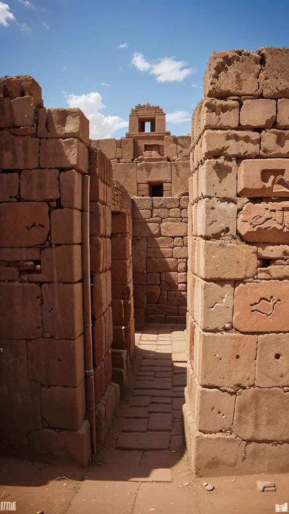 Realistic and detailed representation of Puma Punku during the Tiwanaku Civilization, apresentando a cidade antiga com sua entrada