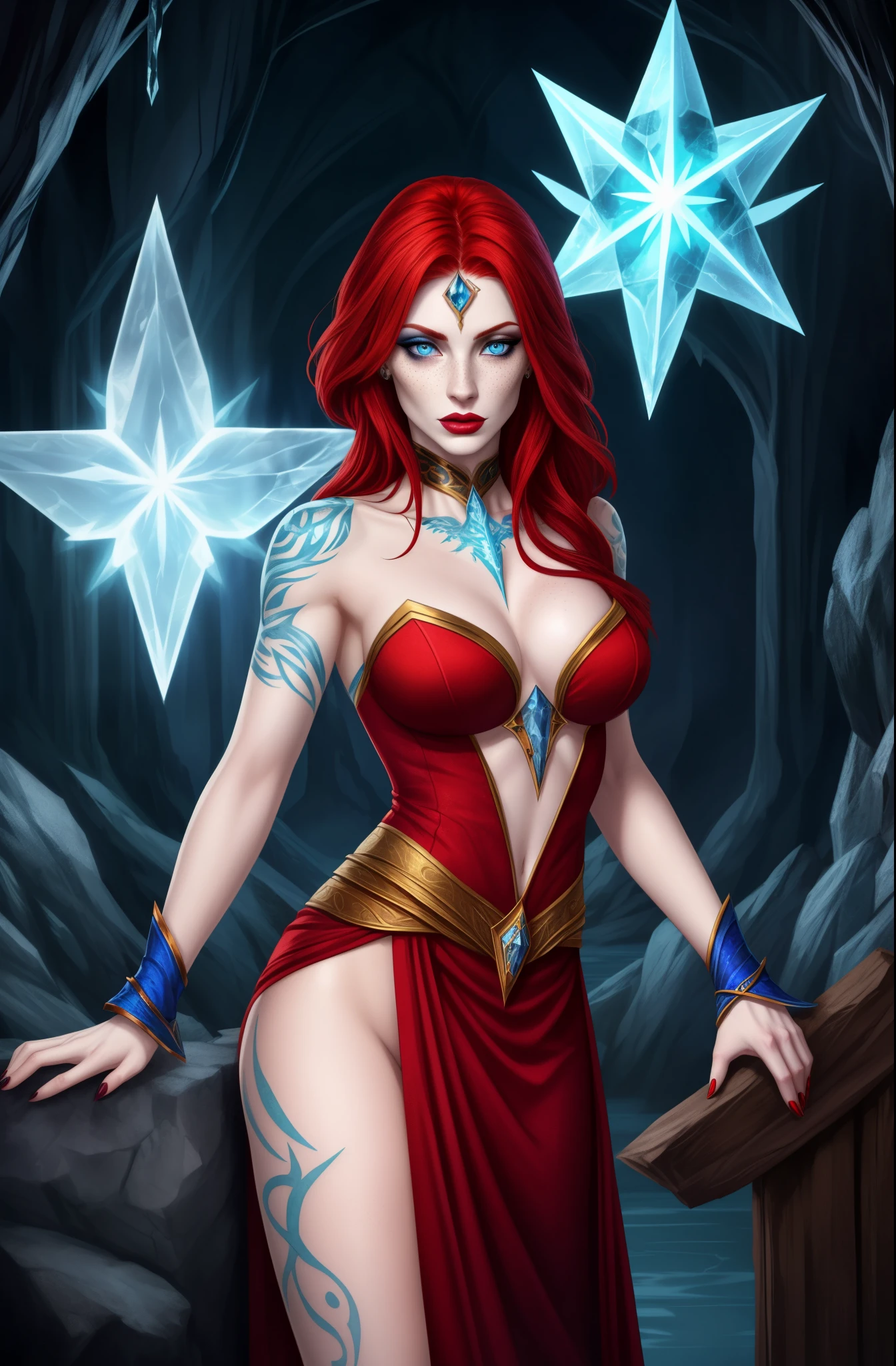 Fantasy Female sorceress, red hair, pale skin, ice tattoo, freckles, pale blue eyes