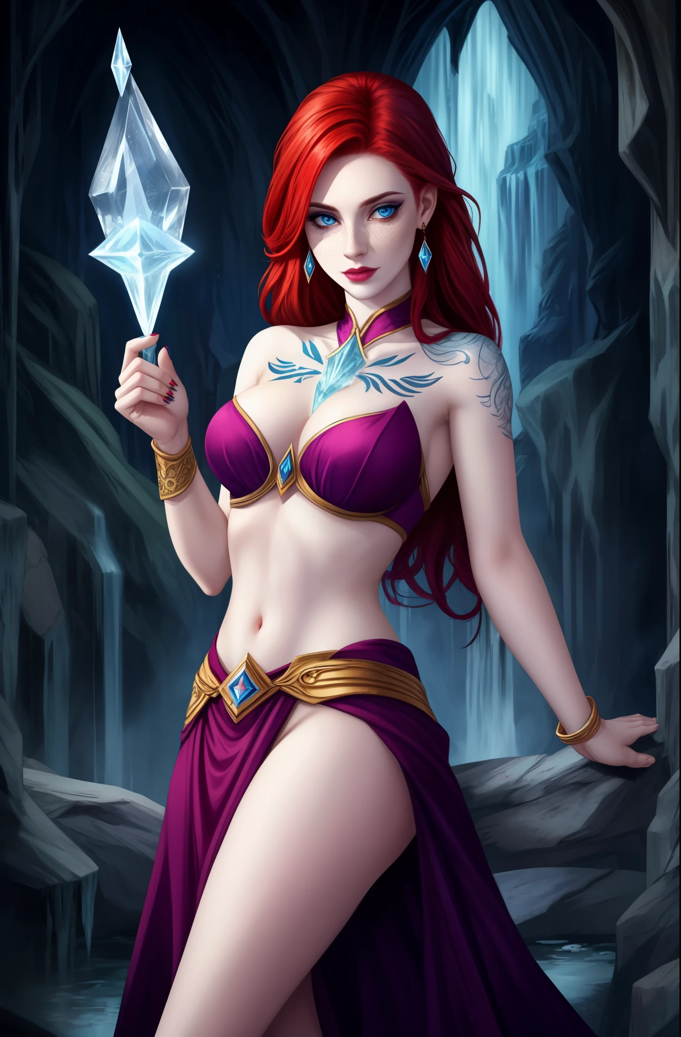 Fantasy Female sorceress, red hair, pale skin, ice tattoo, freckles, pale blue eyes