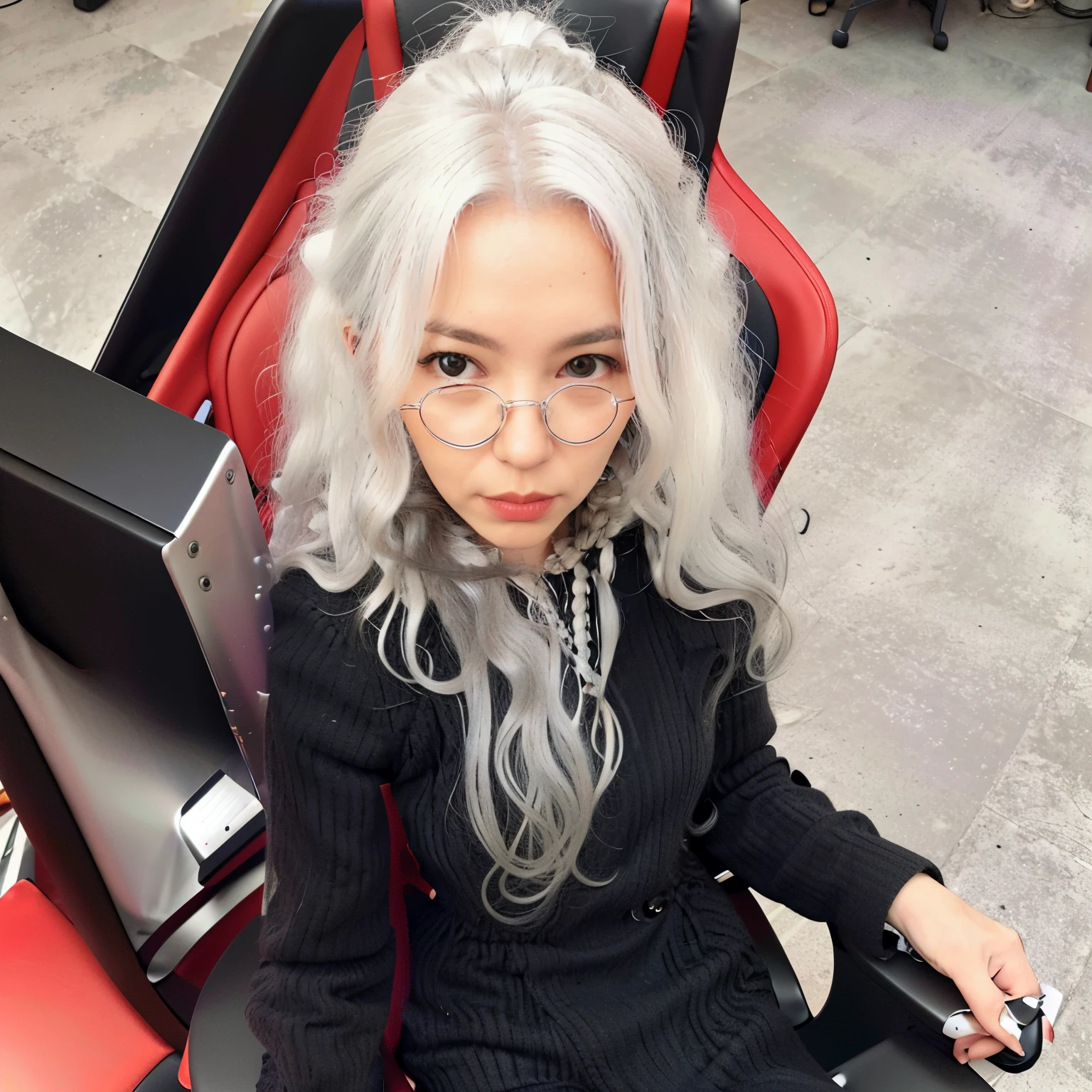 blond woman sitting in a red chair with a laptop computer, curly white hair, silver curly hair, going gray, curled silver hair, sitting on designer chair, long braided curly silver hair, white curly hair, long grey hair, her hair is silver, yoko taro, messy wavy white hair, sitting in chair, white haired lady, very long silver hair