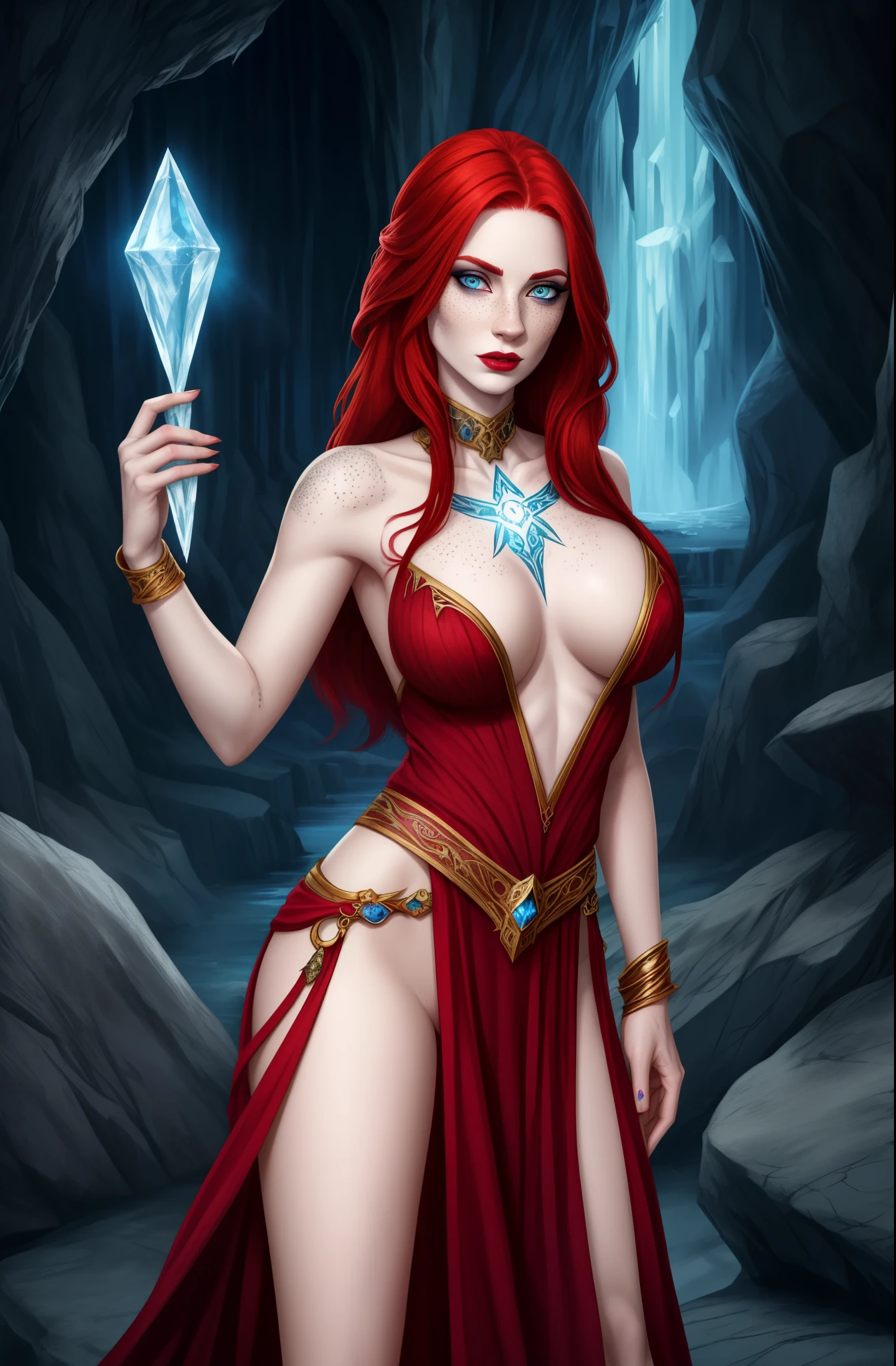 Fantasy Female sorceress, red hair, pale skin, ice tattoo, freckles, pale blue eyes