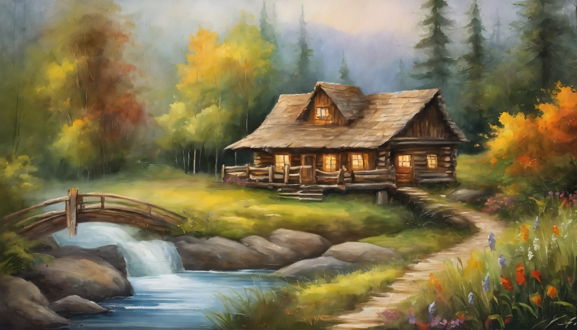 An old cabin by the pound, bamboo bridge, swans are in the water, flowers are blooming alongside the carvy road, inspired by Thomas Kinkade,