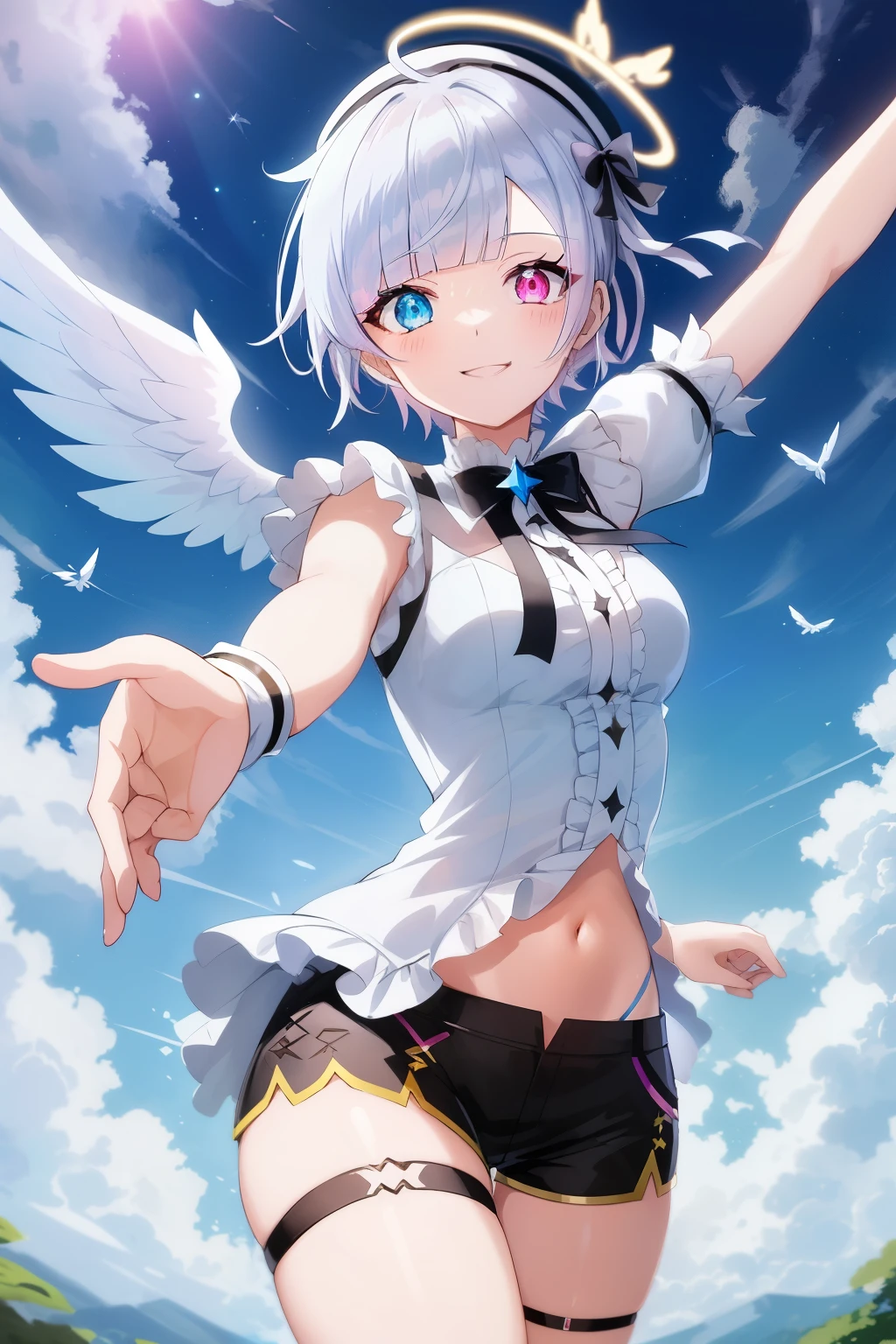 2d, masterpiece, best quality, anime, 1girl, solo, dynamic pose, cowboy shot, (amemiya nazuna), angel, mini wings, single wing, white hair, heterochromia, blue eyes, pink eyes, frills, white shirt, navel, black shorts, short shorts, thigh strap, halo, smile, white beret, heaven, clouds