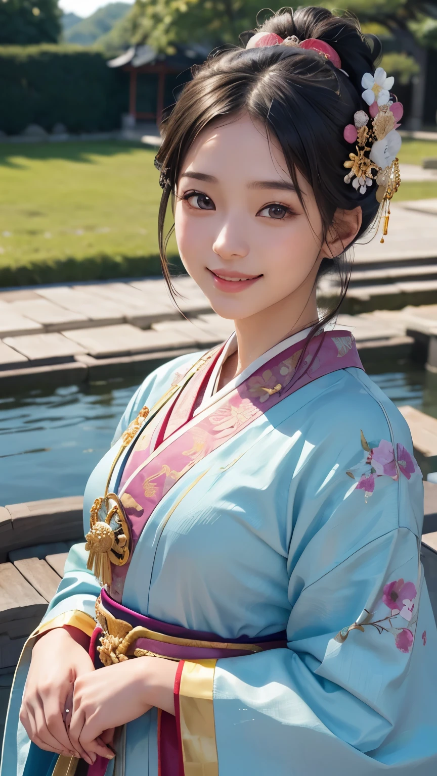 beautiful girl in Japanese Heian Period Costume, front face, photo, an extremely delicate and beautiful, extremely detailed, Amazing, extremely detailed skin, (18 years old:1.2), cute girl, famous Japanese idol, kawaii, fair skin, shiny skin, chin thin, (smile:1.2), cute, young, extremely detailed nose, extremely detailed mouth, cute face, (realistic face:1.2), beautiful views