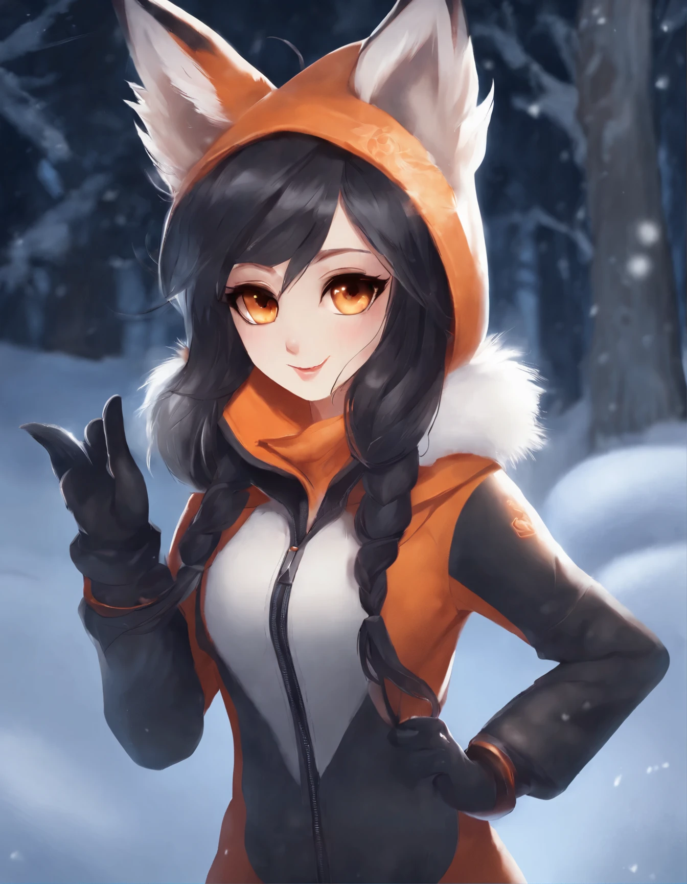 ahri, ahri_(league_of_legends), 1girl, absurdres, animal_ears, black_hair, detached_sleeves, distr, facial_mark, fox_ears, fox_tail, hand_up, highres, league_of_legends, long_hair, snowsuit, magic, multiple_tails, white_tails, orange_eyes, parted_lips, solo, standing, tail, full_body, arms behind back