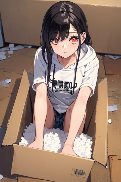 (masterpiece, exquisite beautiful eyes: 1.5), masterpiece ,1 girl,cute girl,(Beautiful red eyes),small breasts,hoodie, insidebox, boxrelaxed, in box, in container, inside cardboard box, box with packing peanuts