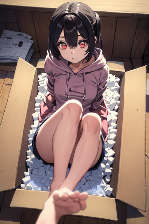 (masterpiece, exquisite beautiful eyes: 1.5), masterpiece ,1 girl,cute girl,(Beautiful red eyes),small breasts,hoodie, insidebox, boxrelaxed, in box, in container, inside cardboard box, box with packing peanuts