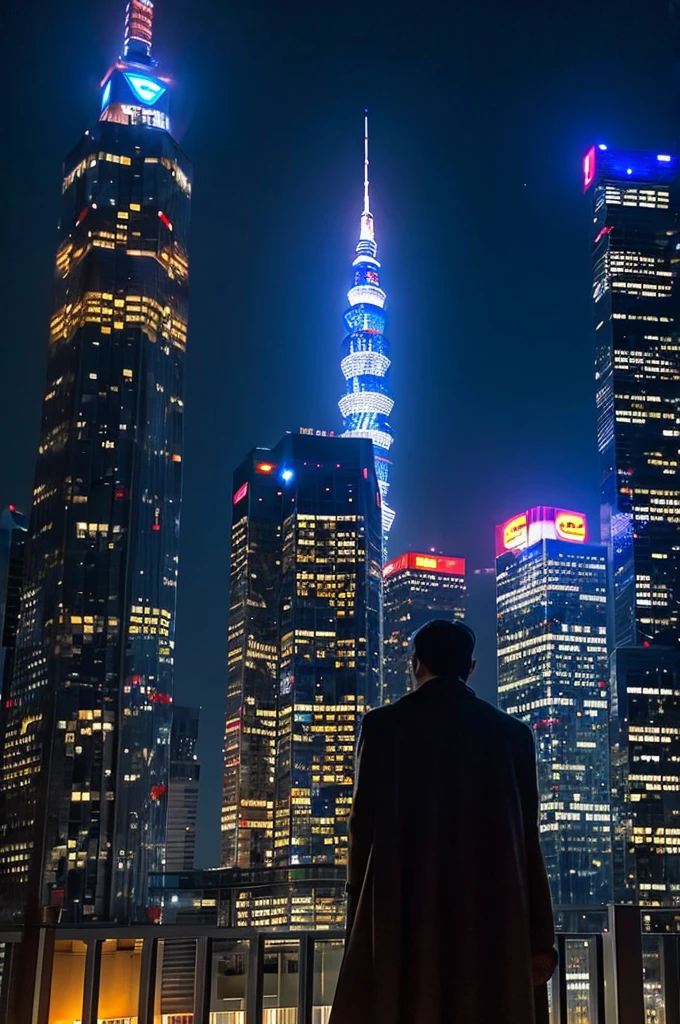 superman、standing in tokyo tower、night、full moon in the background
