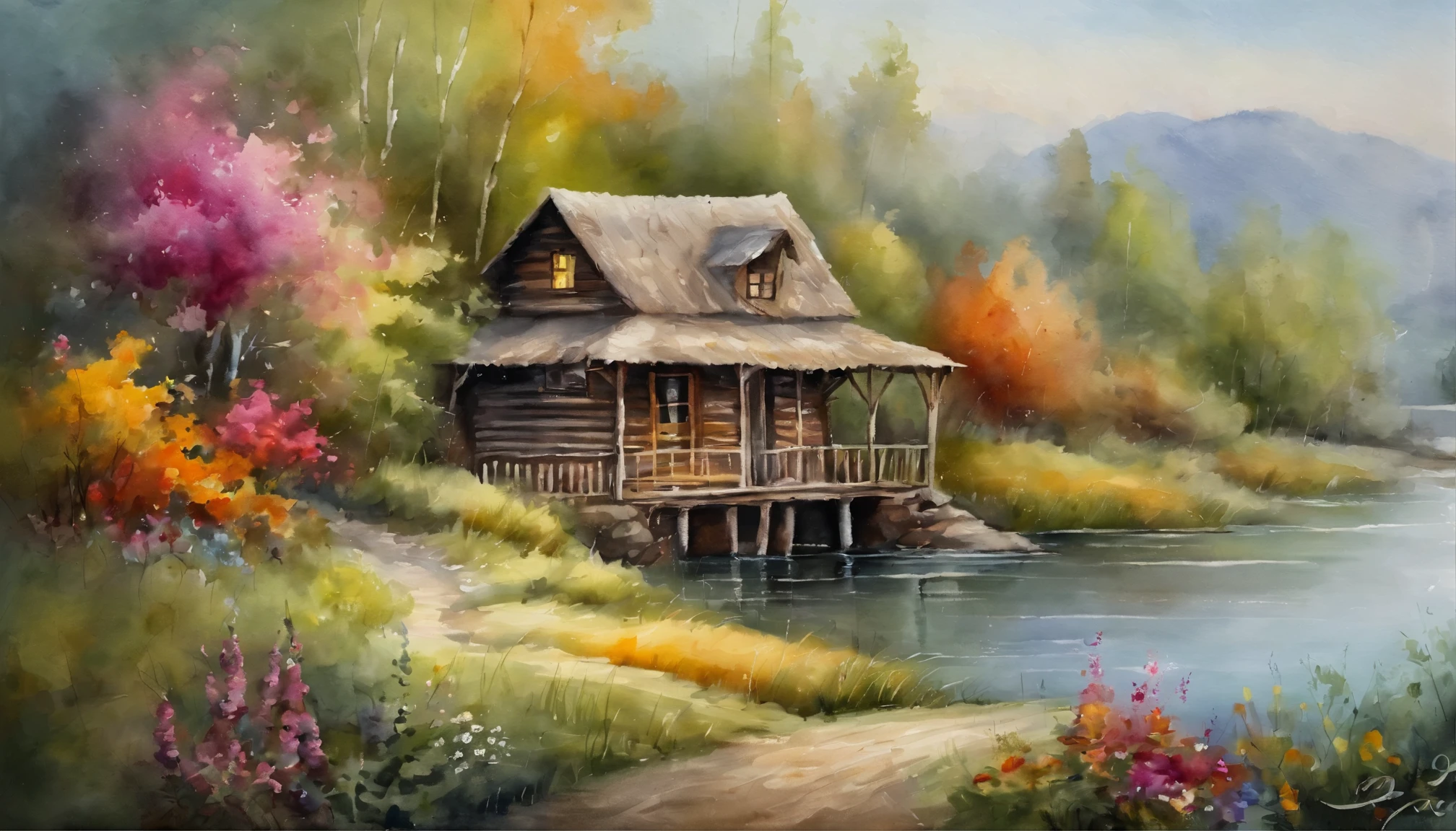 An old cabin by the pound, bamboo bridge, swans are in the water, flowers are blooming alongside the carvy road, inspired by Thomas Kinkade,