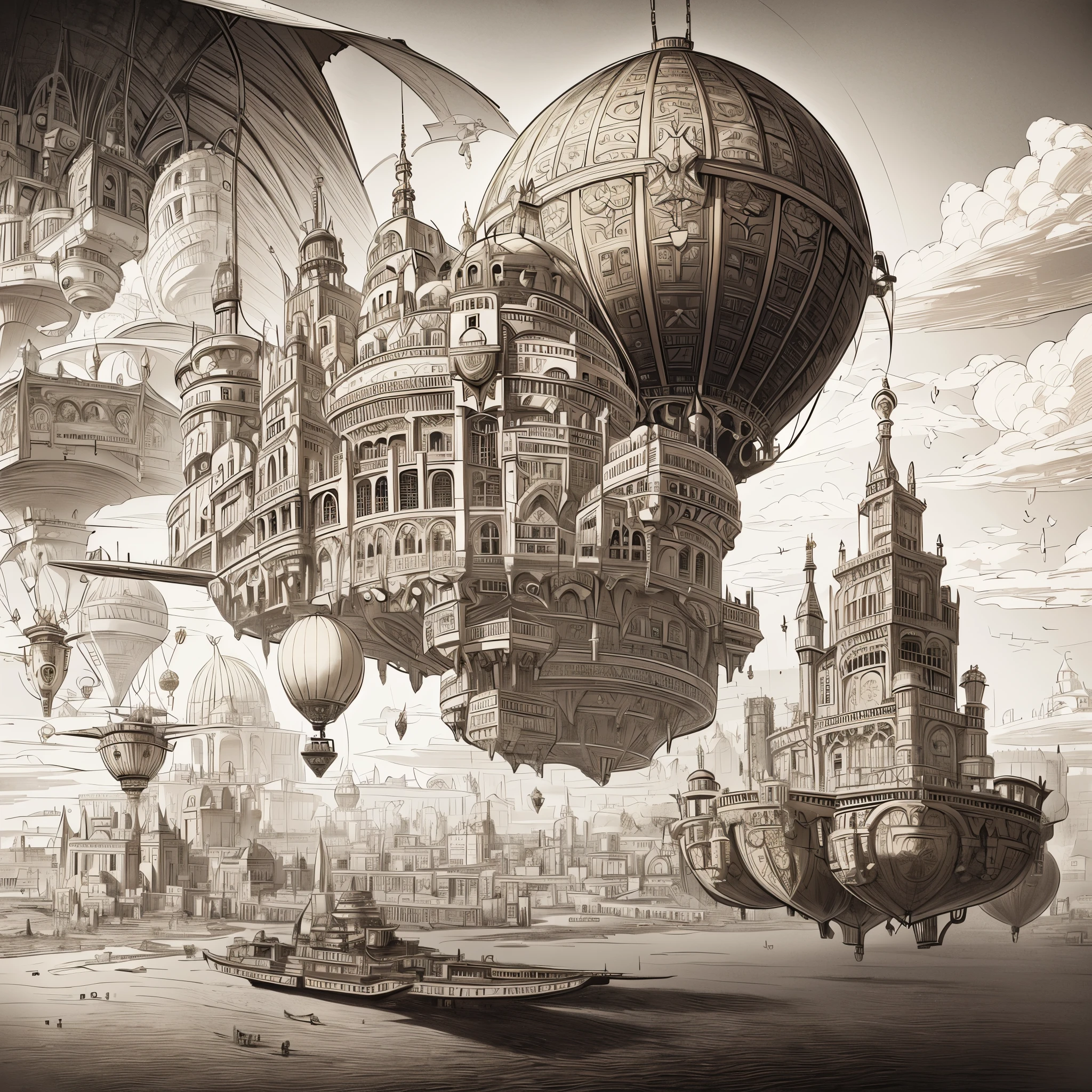 a drawing of a man flying in a hot air balloon, palace floating in the sky, flying cloud castle, palace floating in heaven, cloud palace, steampunk hot air balloon, floating city in the sky, floating palace, steampunk airship!!!!!!!, airship in steampunk, steampunk airship, flying castle, floating city on clouds, inspired by Gustave Dore