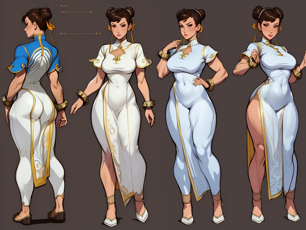 ((masterpiece)), (((best quality))), ((character design sheet)), ((full body view)) illustration,1girl, ((detailed face:1.4)) beautiful woman, ((Chun li)), short brown hair, brown hair, brown eyes, double bun, hair ribbon, white dress, pelvic curtain, blue pants, bangles, upper body, rough sketches, pose, 8k,16k, (background, white background: 1.3)