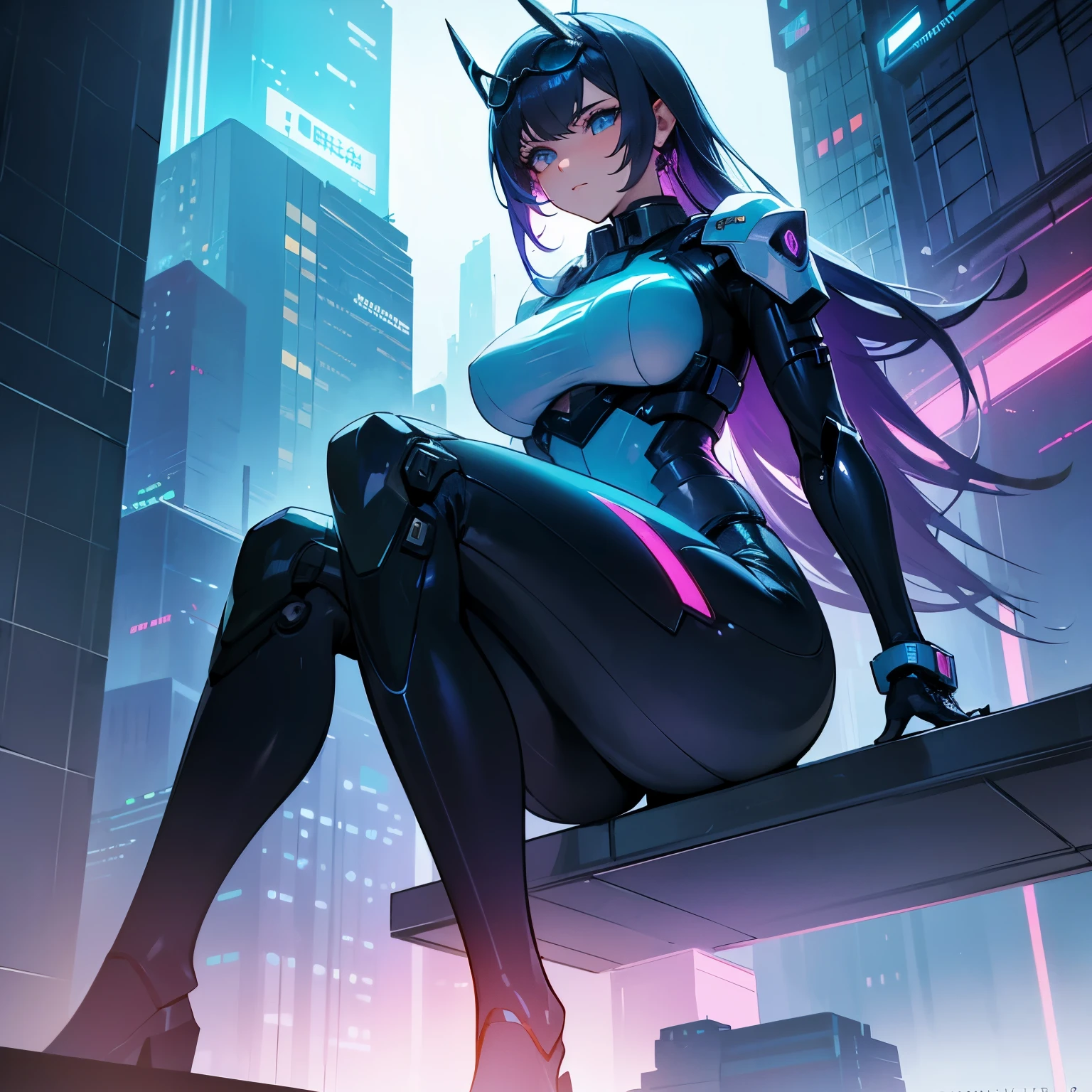 1girl, mecha, police, blue uniform, white splash, sunglasses, sitting, futuristic city, high-tech gadgets, neon lights, confident expression, detailed eyes and face, shiny metallic armor, dynamic pose, towering skyscrapers, flying cars, bustling crowd, sleek design, intense action, vivid colors, dramatic lighting, photorealistic rendering+(best quality, highres:1.2), ultra-detailed, professional, digital painting, cyberpunk, vibrant color palette, atmospheric ambiance, strong contrast, bokeh