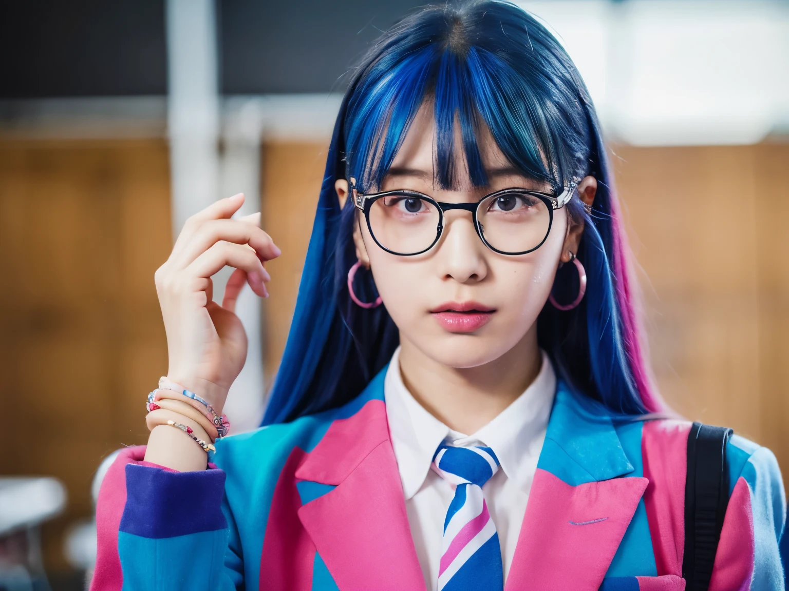 1girl, long hair, bangs, blue eyesball, very long hair, blue hair, pink hair, multicolored hair, earrings, blunt bangs, two-tone hair, streaked hair, ,glasses, lips, figure, suit blazer, standing in a classroom building, bracelet, parted lips, realistic image, fotografi, ultra detail, 70mm lens