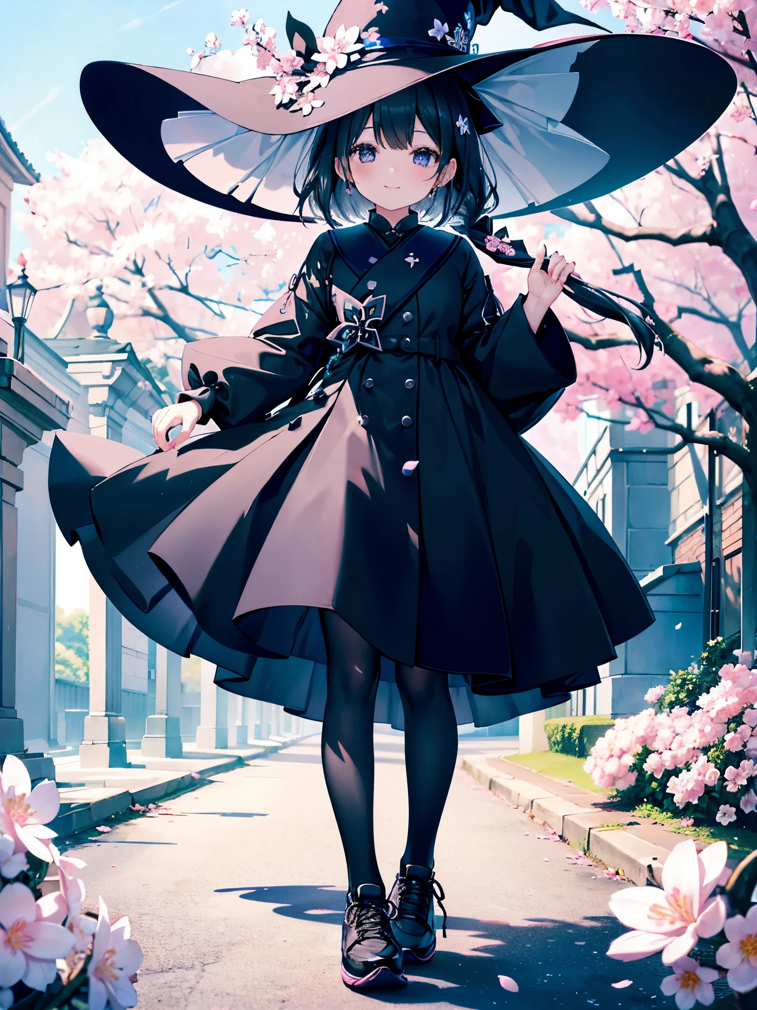 A girl smiling under the cherry blossom tree、Woman wearing a large black witch hat with sapphire accessories、is wearing a black coat、She is wearing a white dress with a navy blue ribbon on the inside.、black stockings、Black sneakers with white shoelaces、